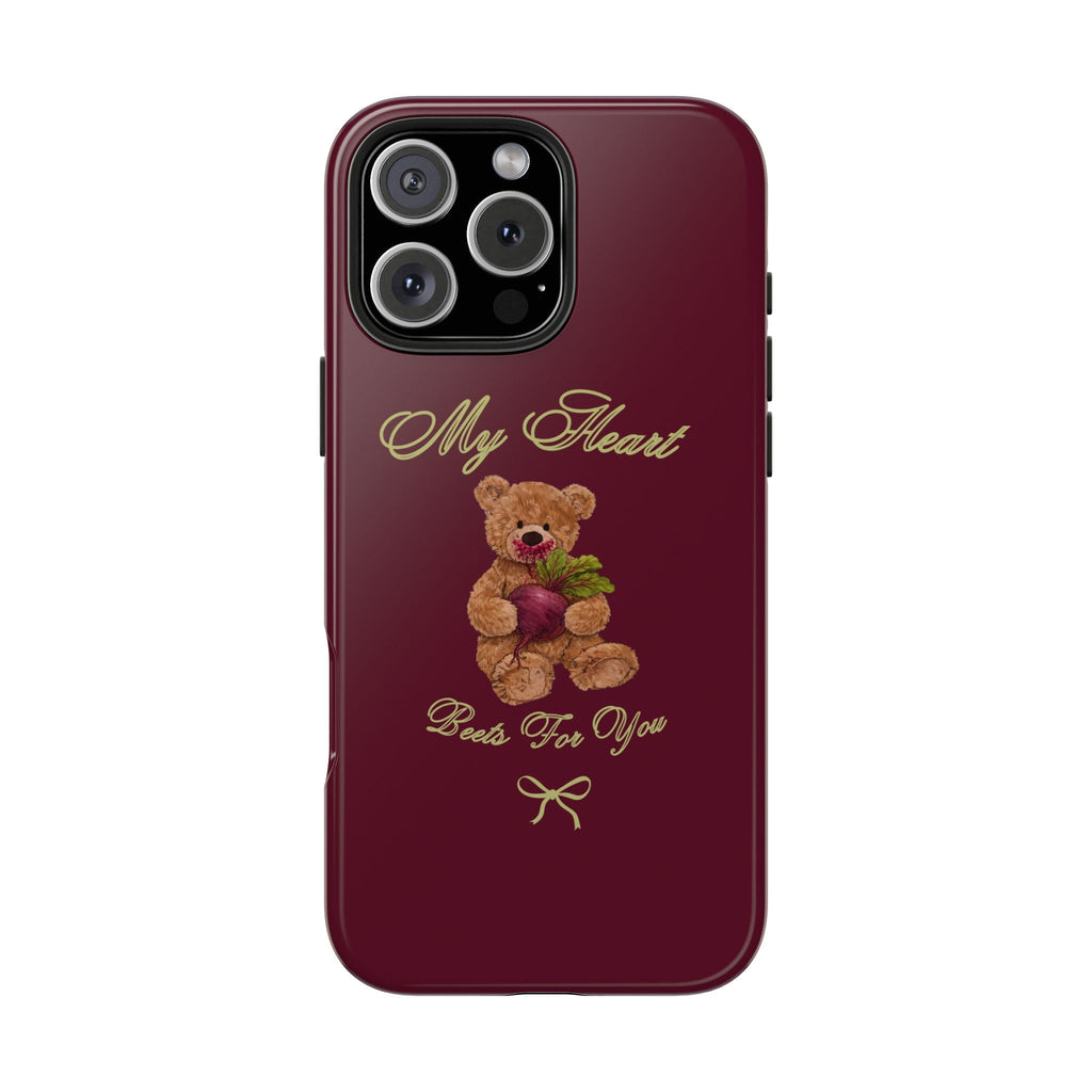 Burgundy phone case back with teddy bear holding beets and “My Heart” wording