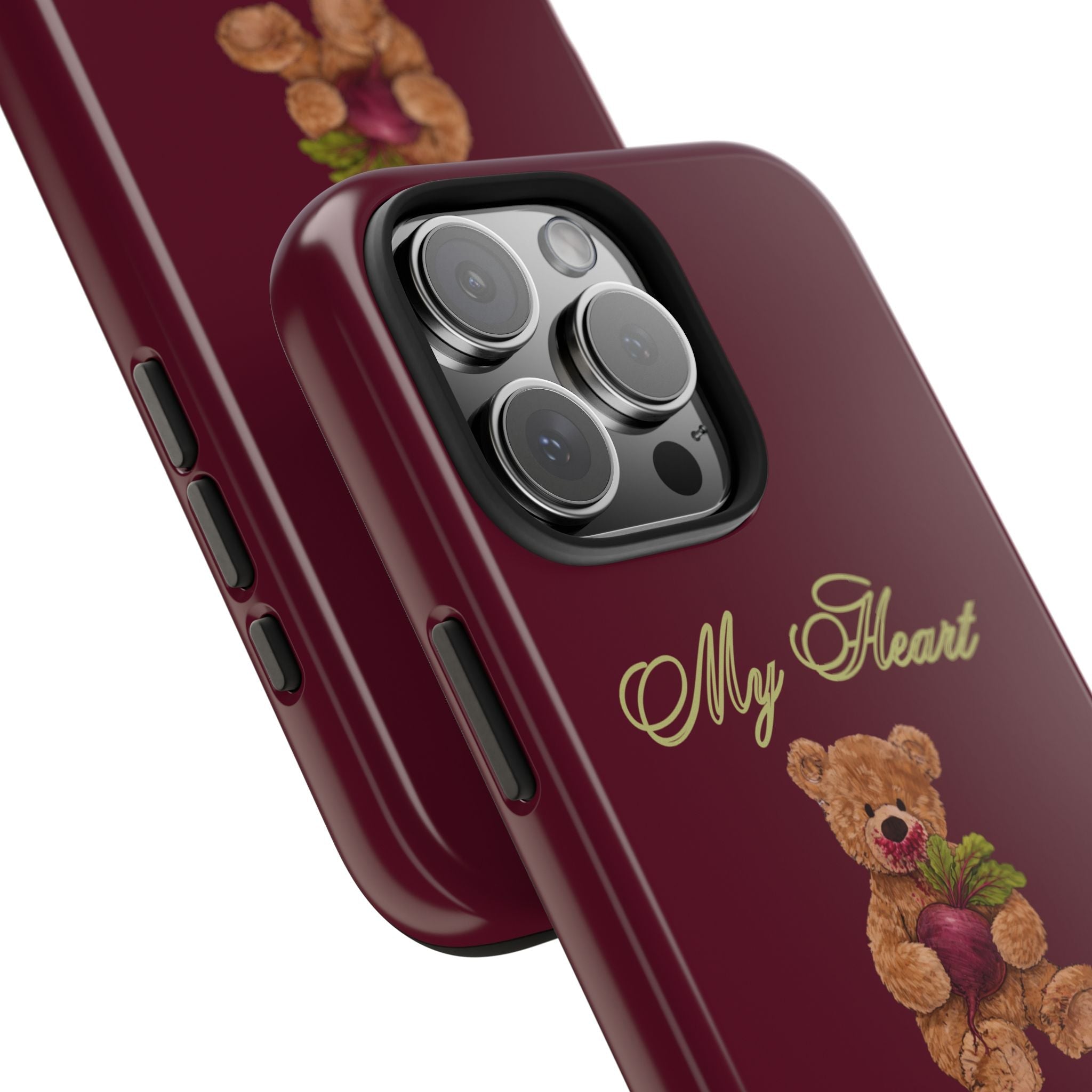 Burgundy phone case side view with teddy bear artwork and camera lens cutouts