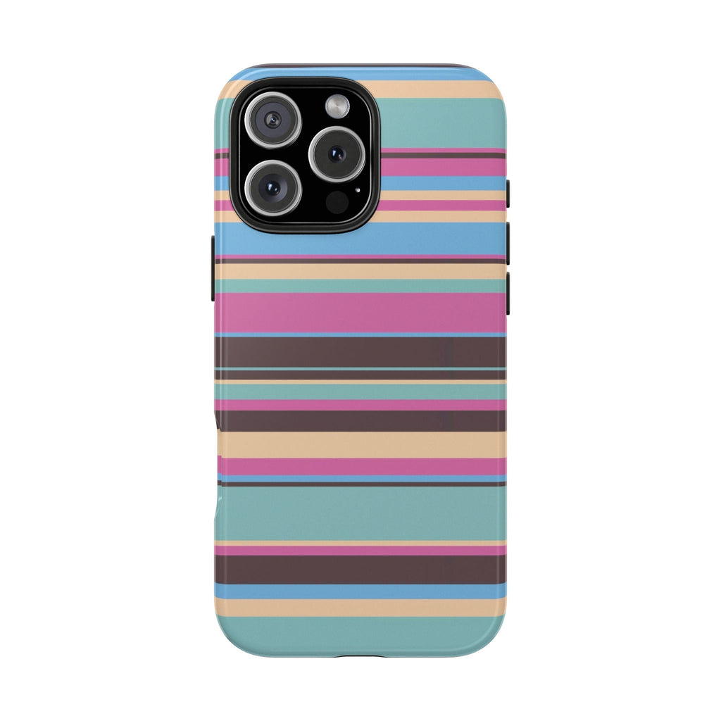 Phone case with pastel horizontal stripes and camera cutouts on dark rectangle