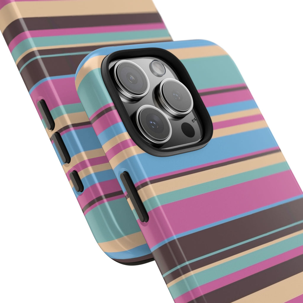 Phone case corner close-up with colorful stripes and camera bump cutout