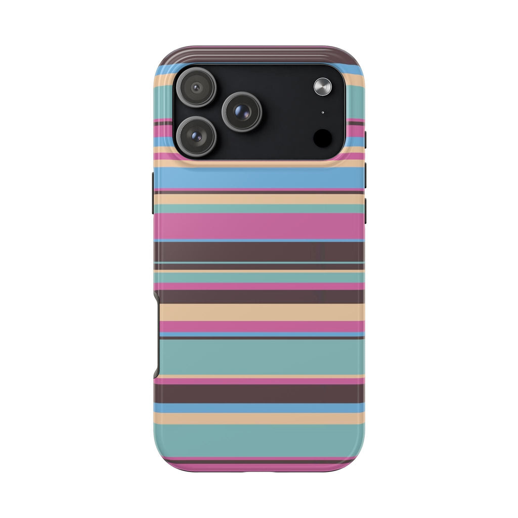 Phone case with colorful horizontal stripes and black camera cutout