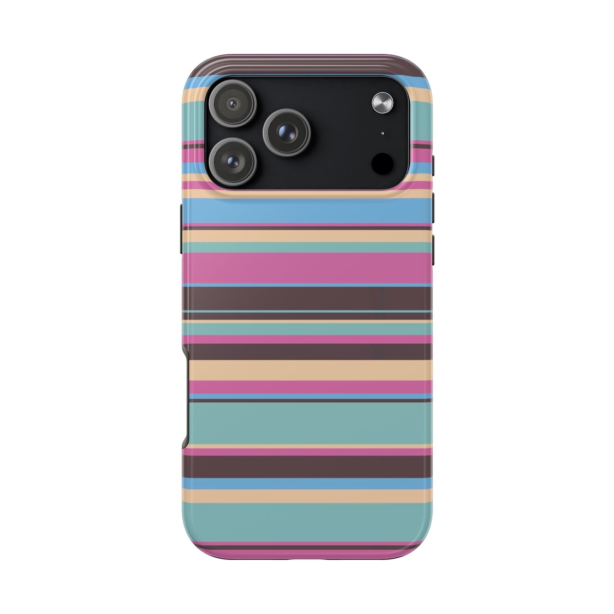 Phone case with colorful horizontal stripes and black camera cutout