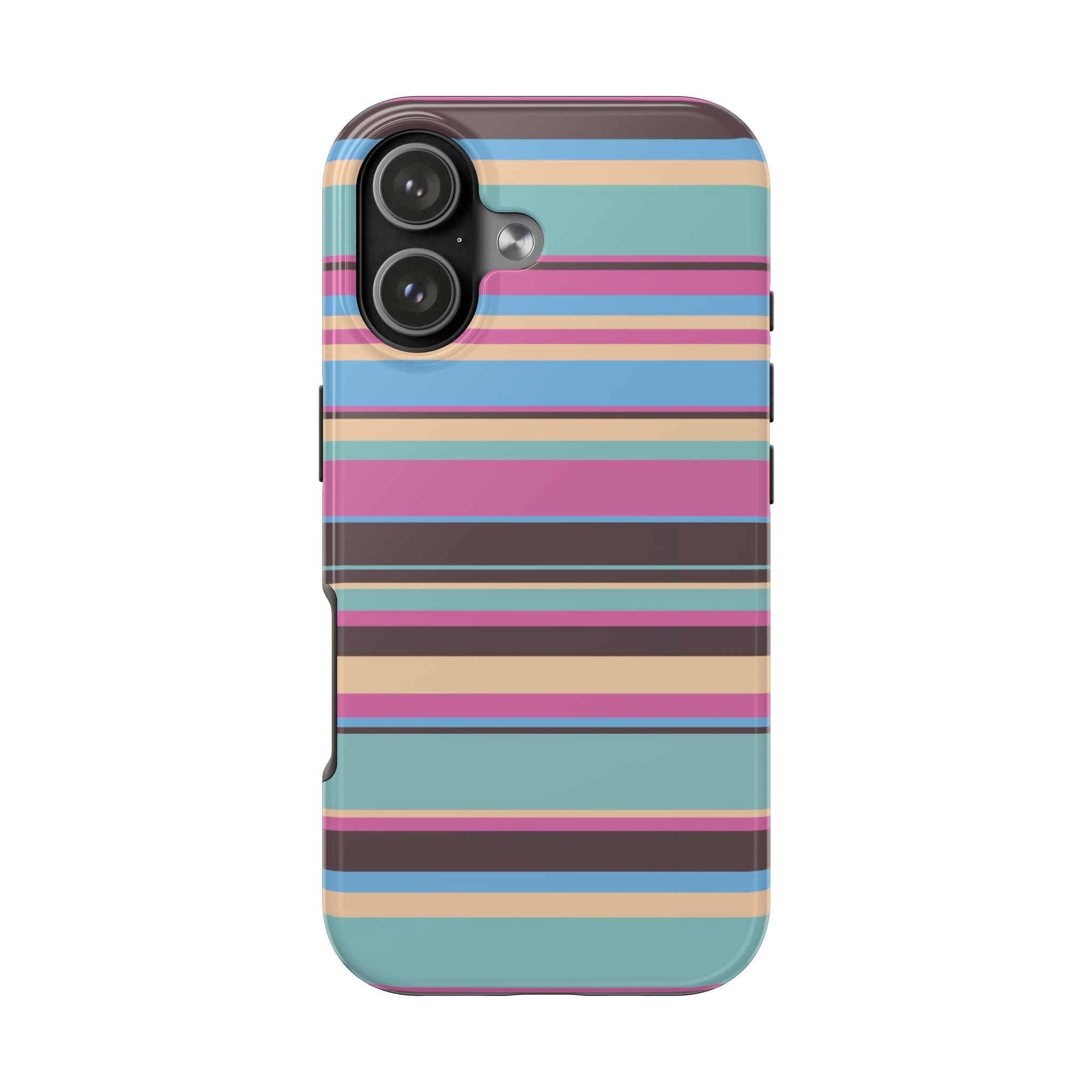 Phone case back view with colorful horizontal stripes and raised camera lens rings