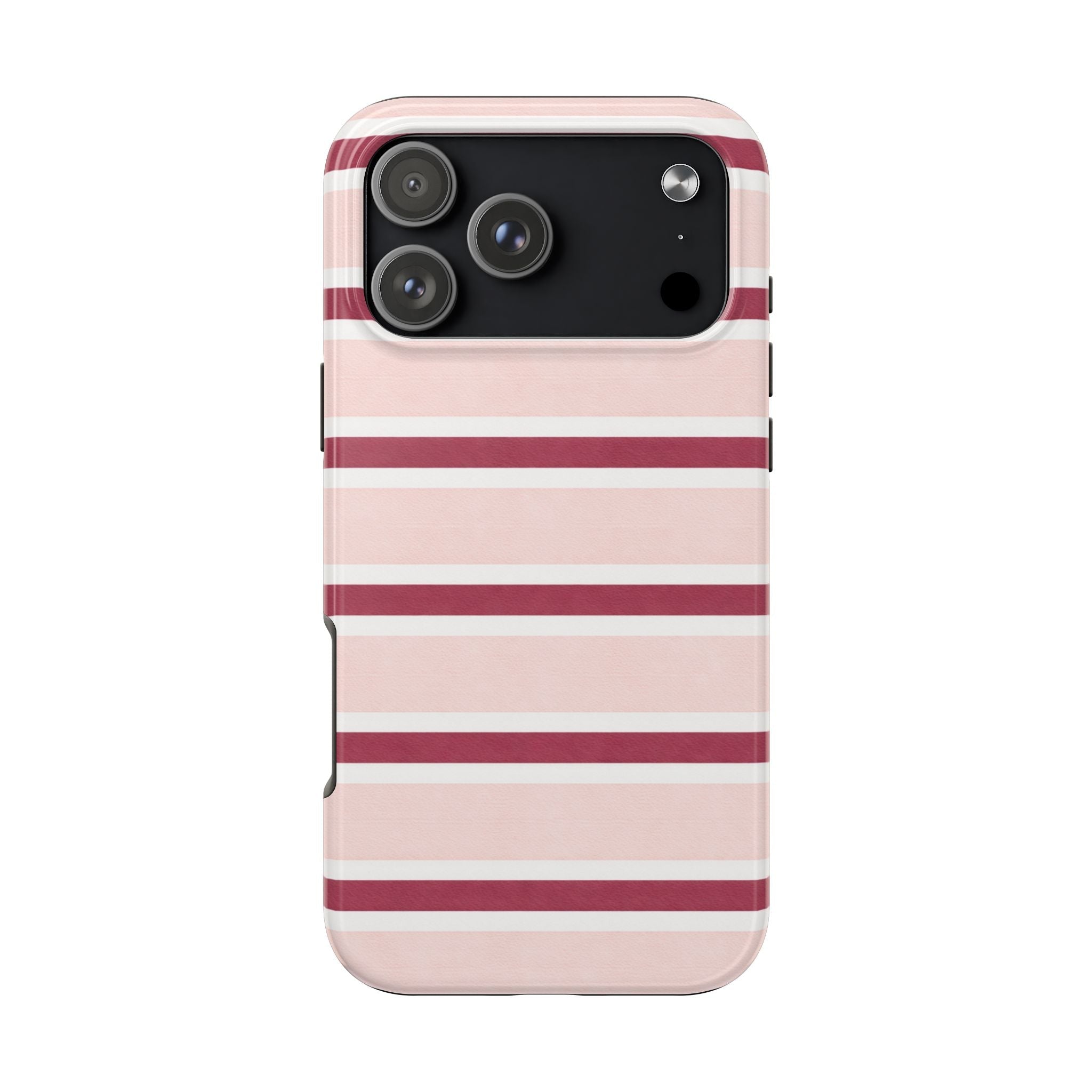 Pink and burgundy striped phone case with raised camera cutout and side button openings