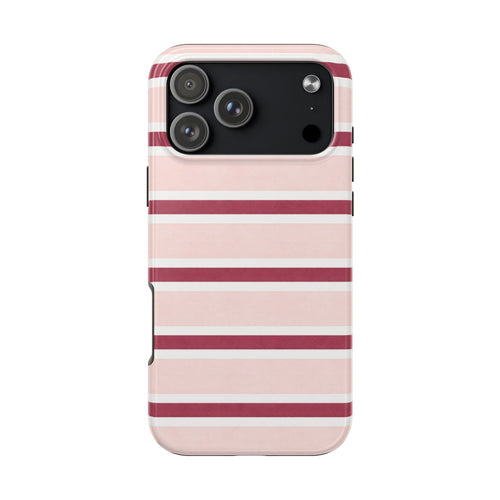 Pink and burgundy striped phone case with raised camera cutout and side button openings