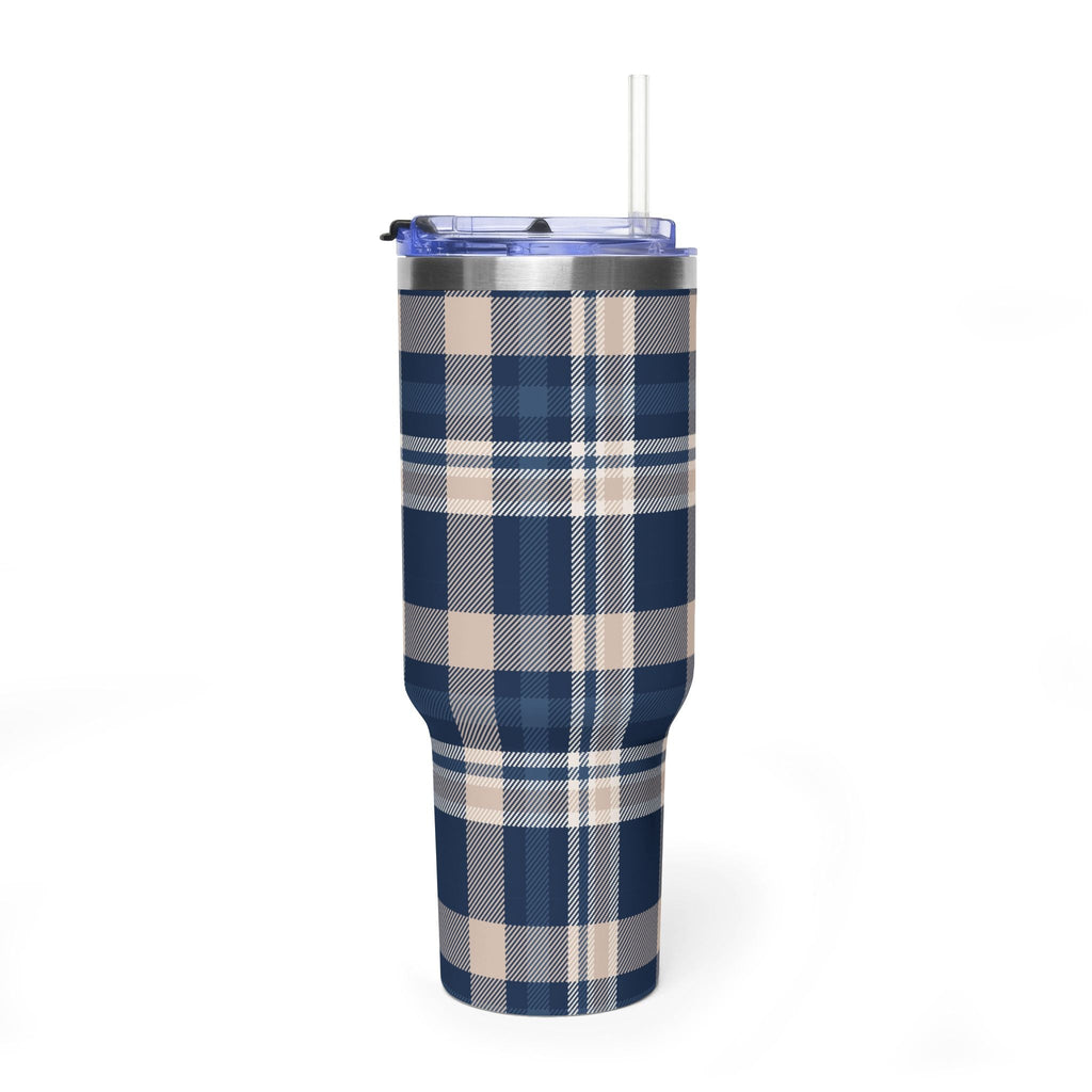 40oz navy & beige plaid tumbler with clear lid and straw, plaid wrap detail