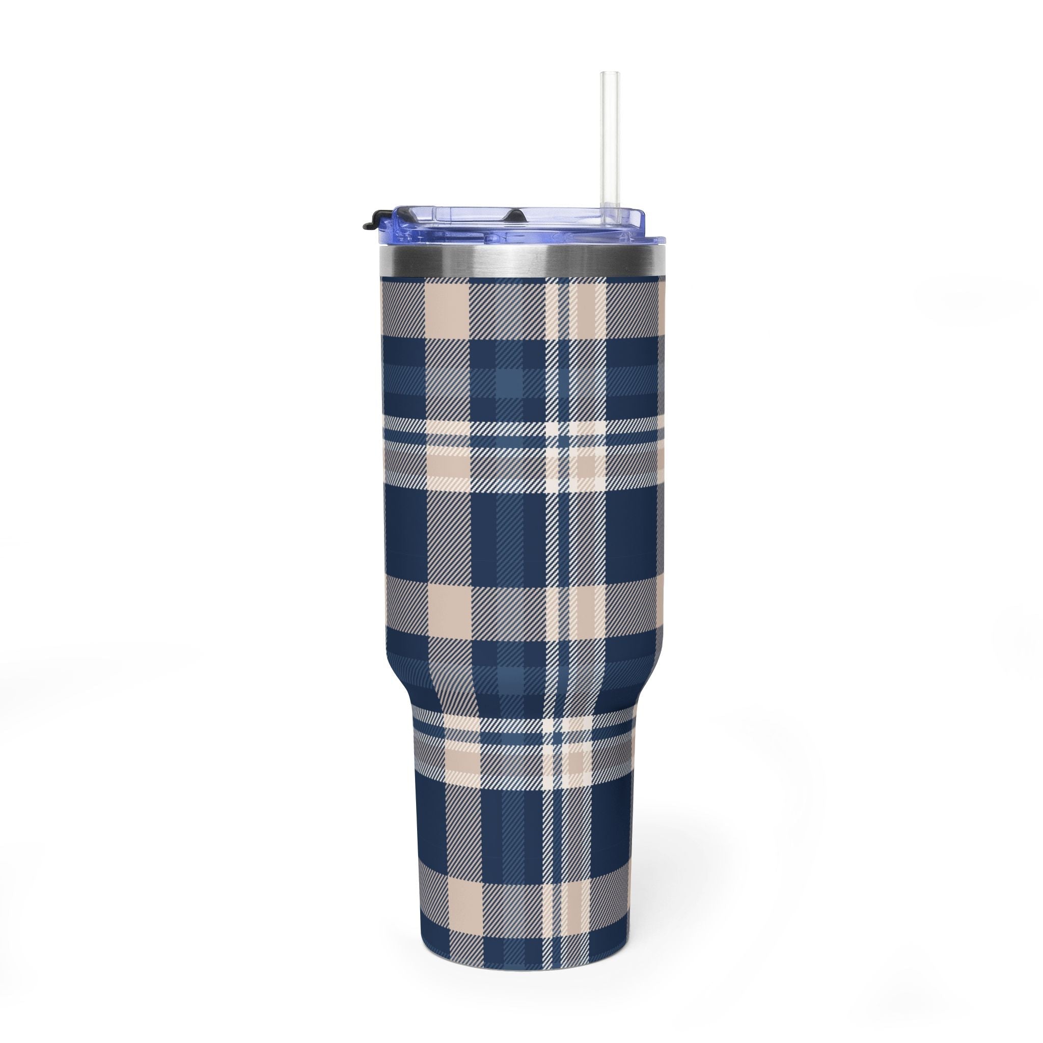 40oz navy & beige plaid tumbler with clear lid and straw, plaid wrap detail