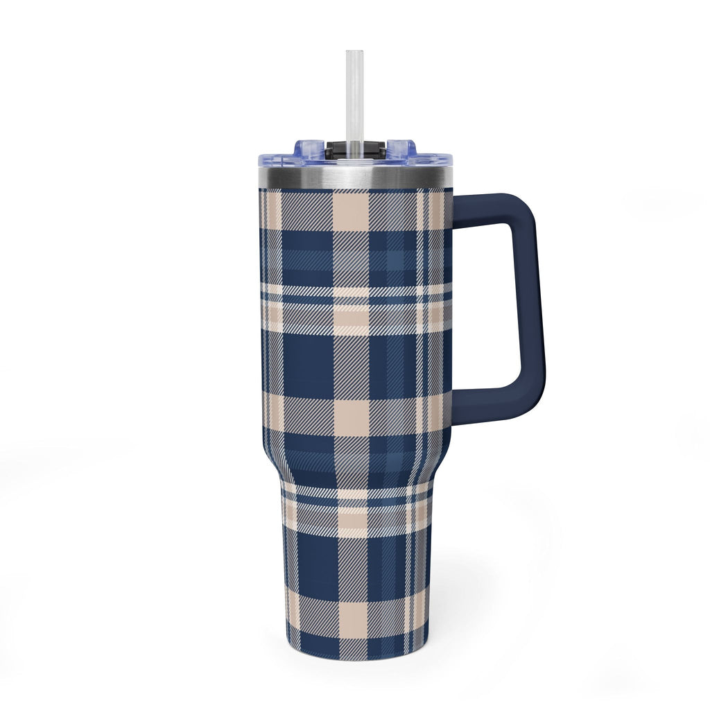 40oz navy & beige plaid tumbler with clear lid, straw and side handle