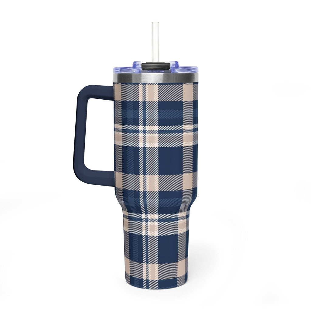 40oz navy & beige plaid tumbler with side handle and straw, front angle
