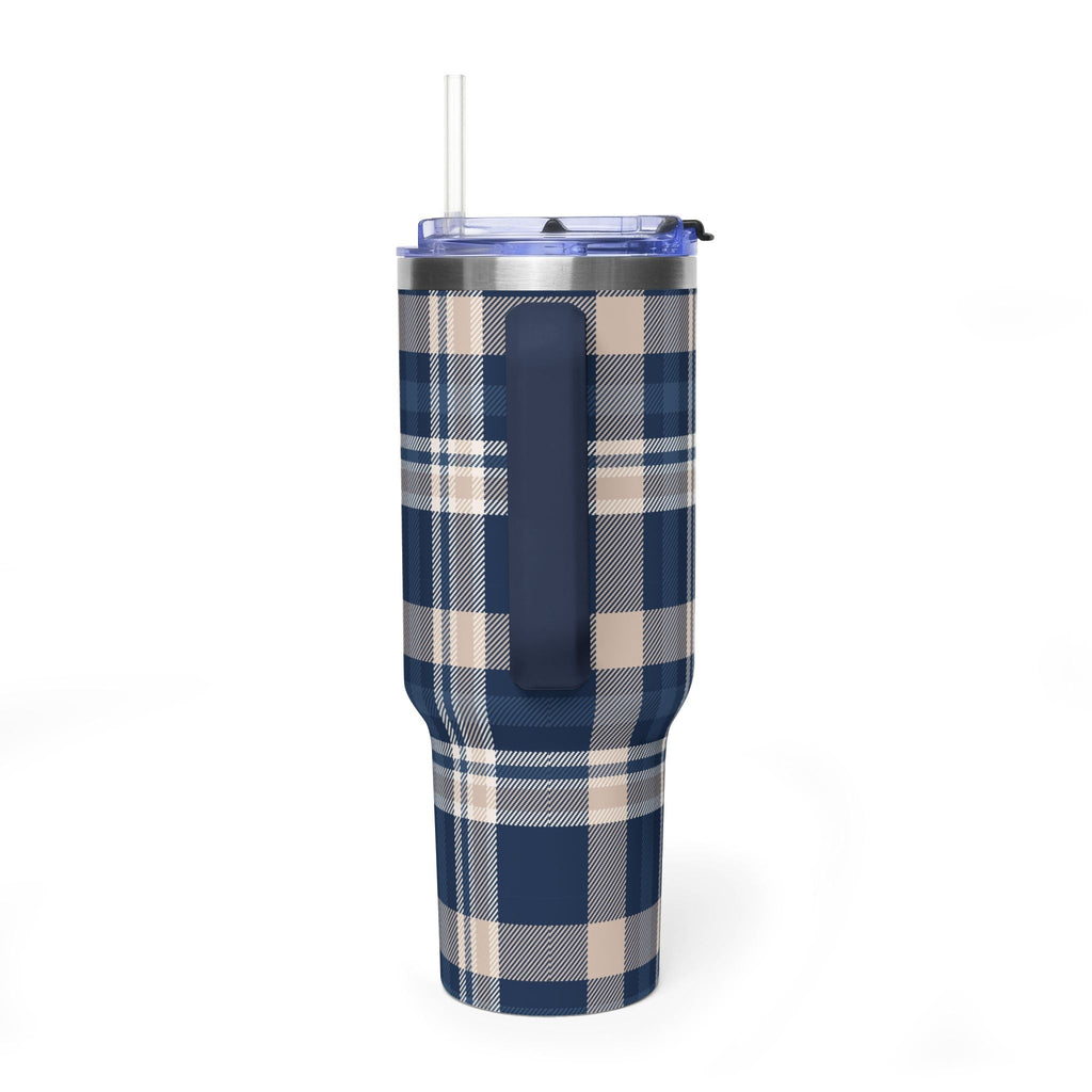 40oz navy & beige plaid tumbler, clear lid with straw opening and front view