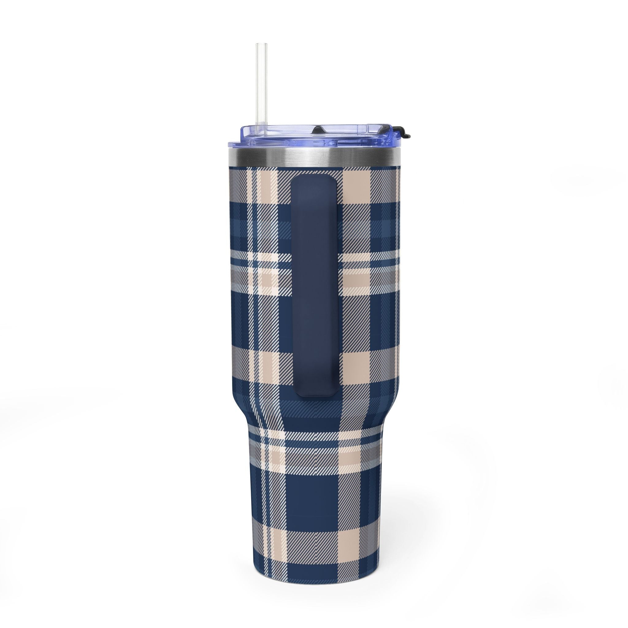 40oz navy & beige plaid tumbler, clear lid with straw opening and front view