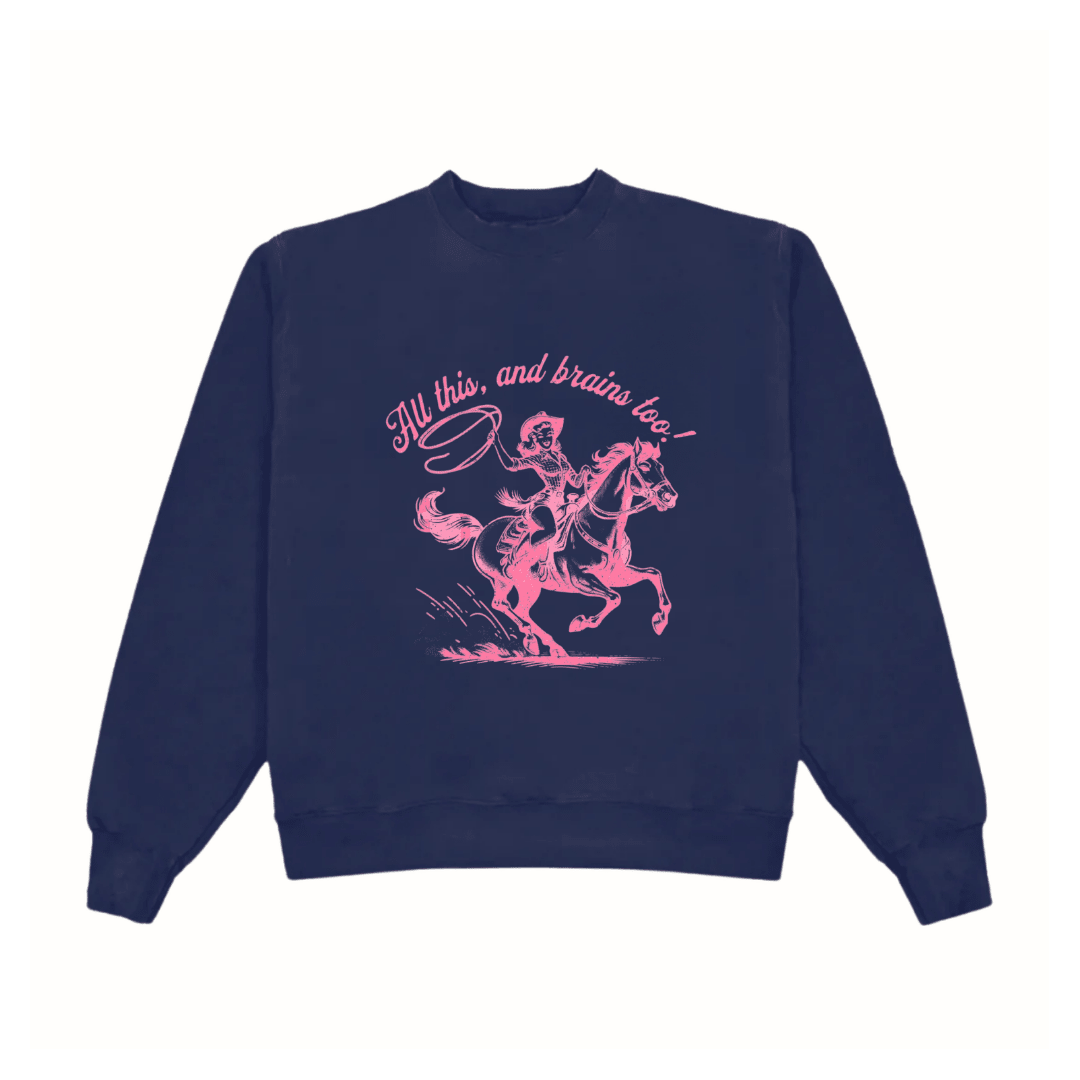 Navy blue crewneck sweatshirt with pink cowgirl on horse graphic