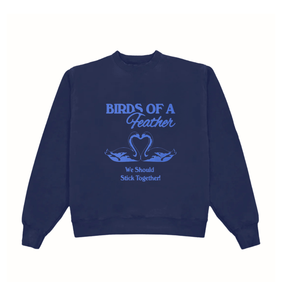 Dark navy crewneck sweatshirt with birds-of-a-feather swan graphic