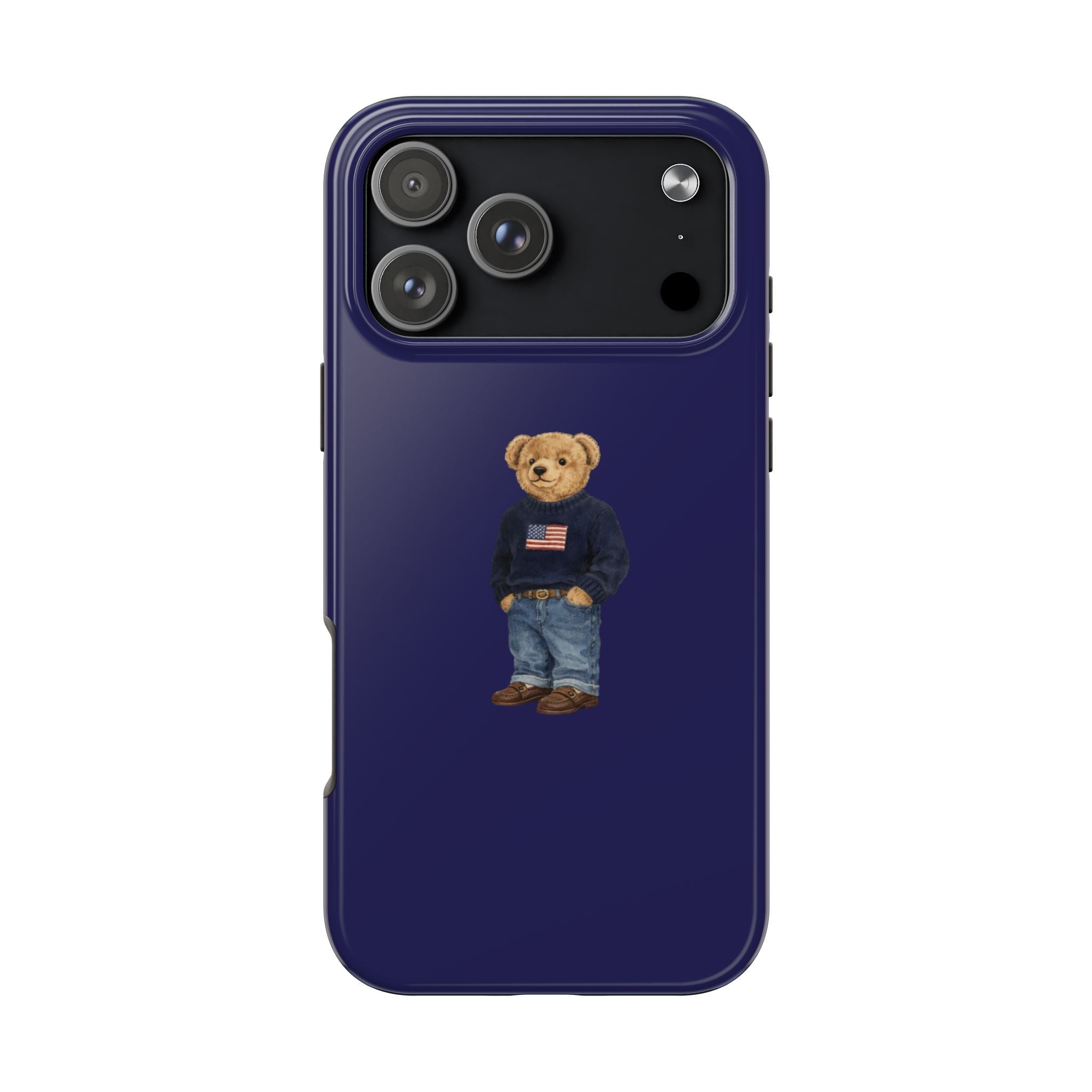 Navy phone case with teddy bear wearing denim and holding an American flag patch