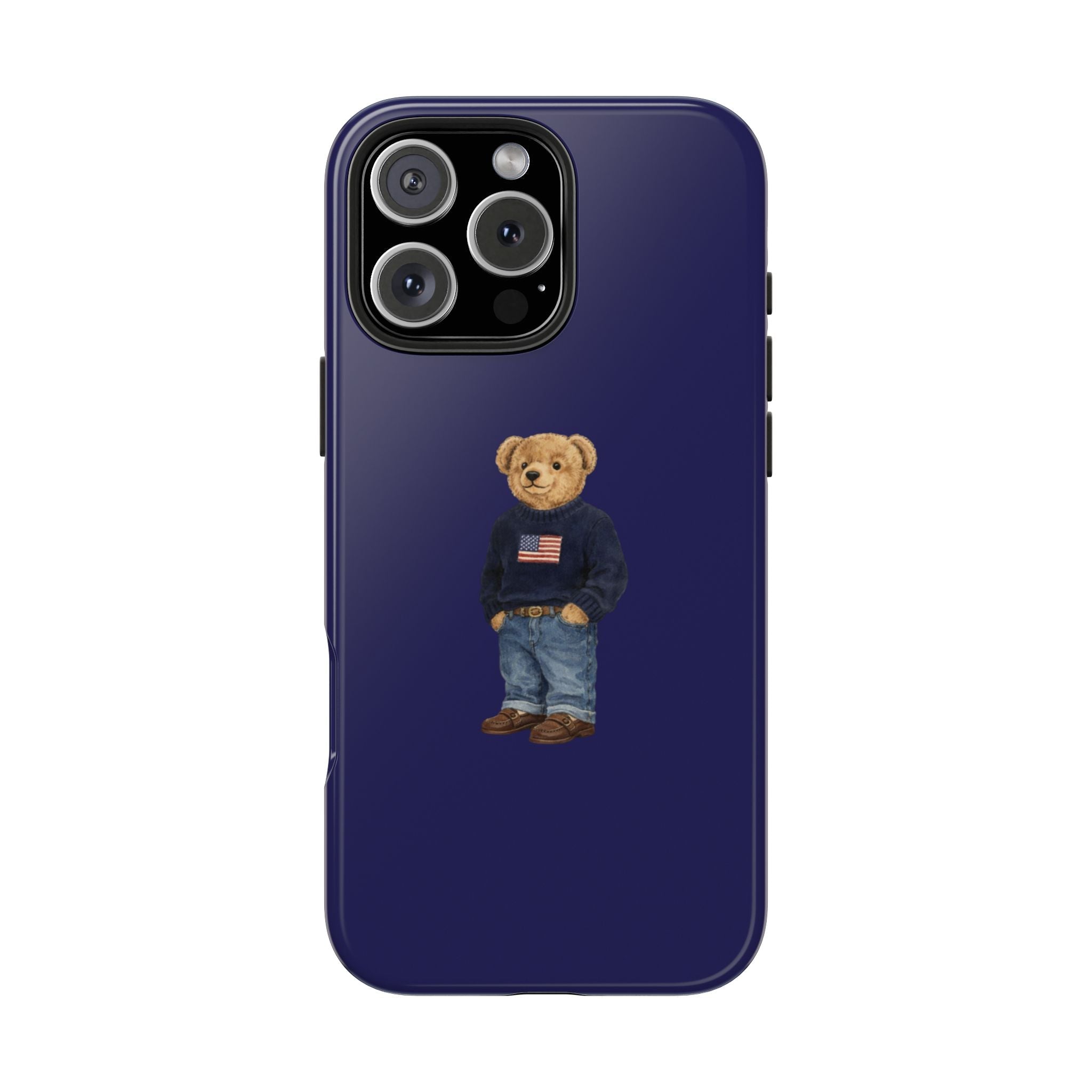 Navy phone case with standing teddy bear in dark sweater and jeans with American flag