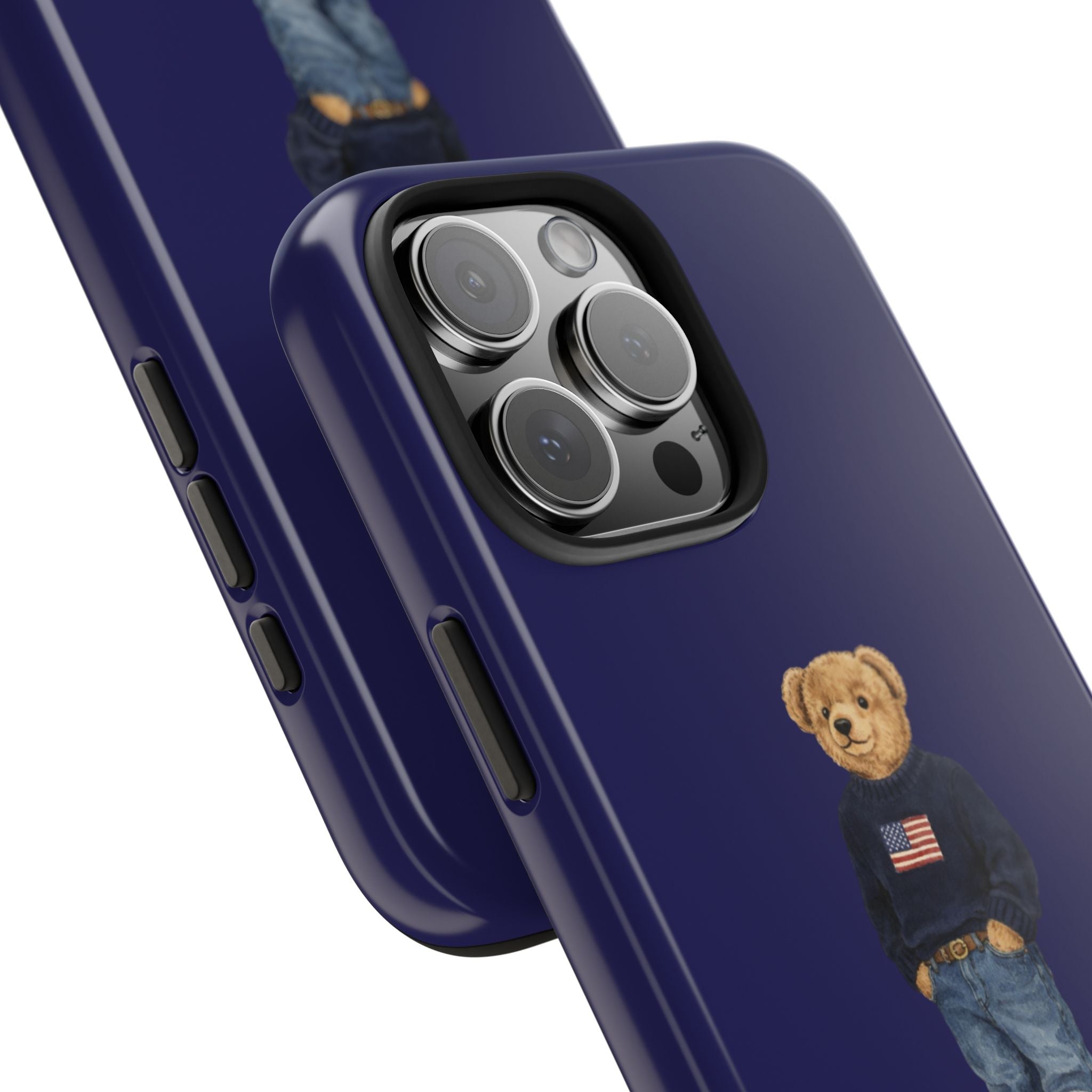 Navy phone case showing triple cameras and teddy bear graphic with American flag