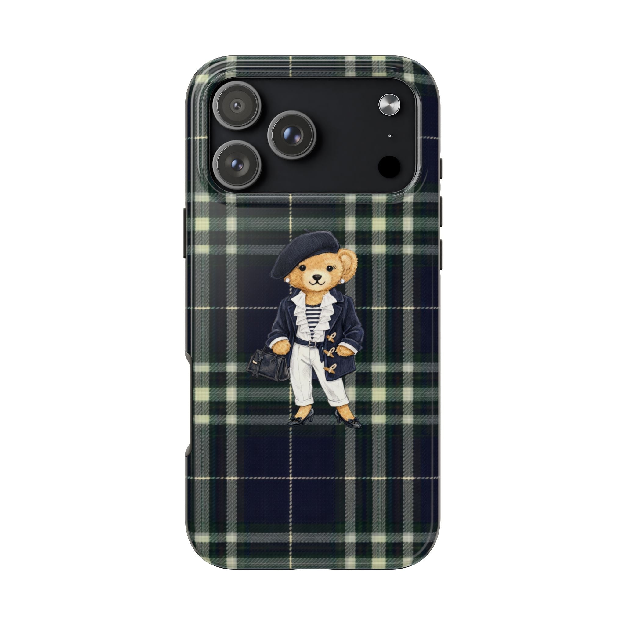Navy blue plaid phone case with full teddy bear character graphic