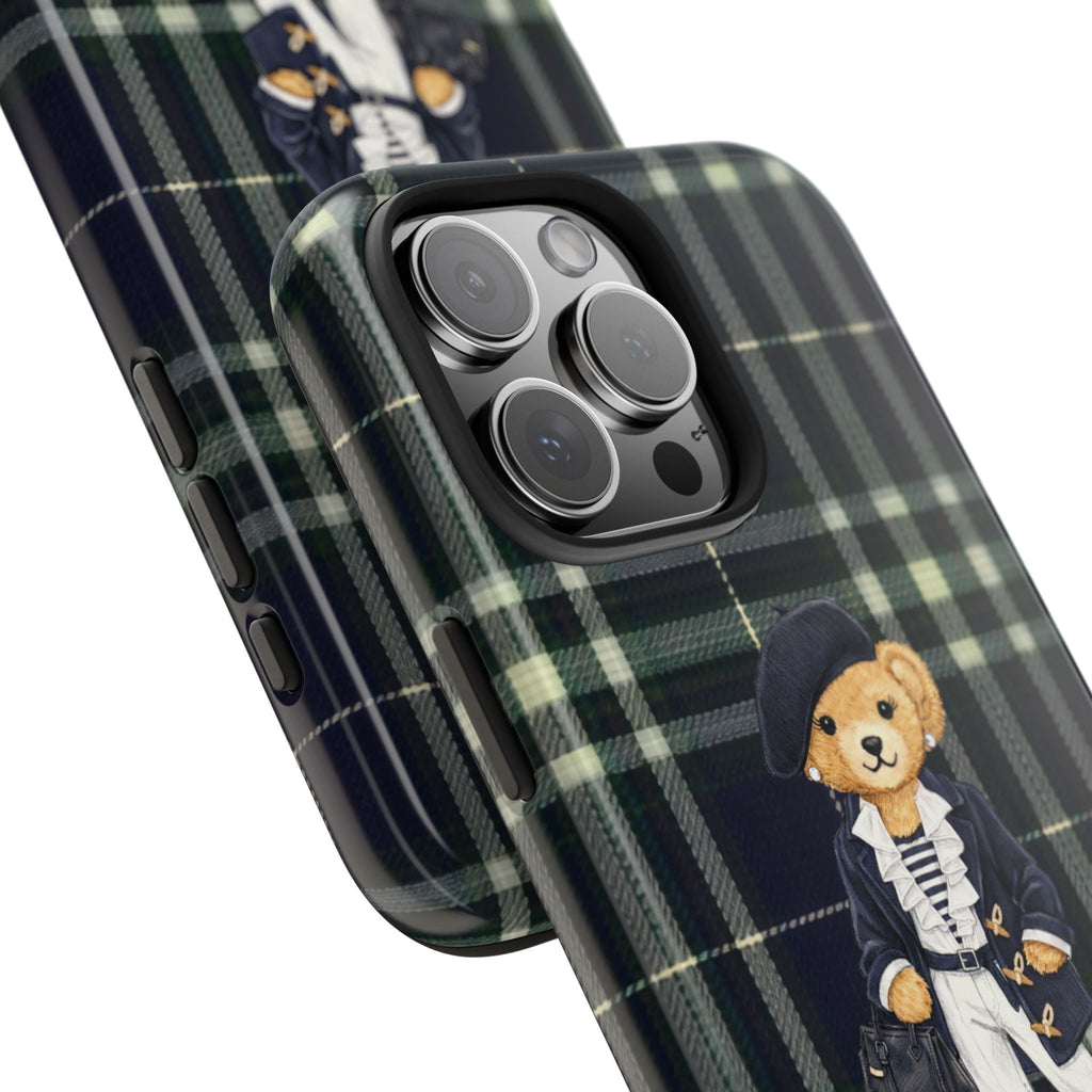 Navy plaid phone case with teddy bear graphic and camera cutout