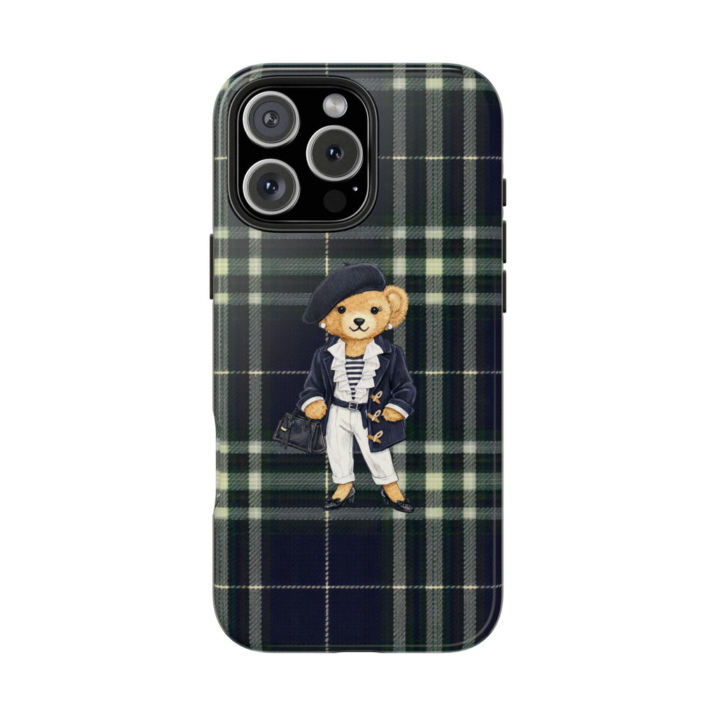 Navy plaid phone case with cute teddy bear in sailor outfit design
