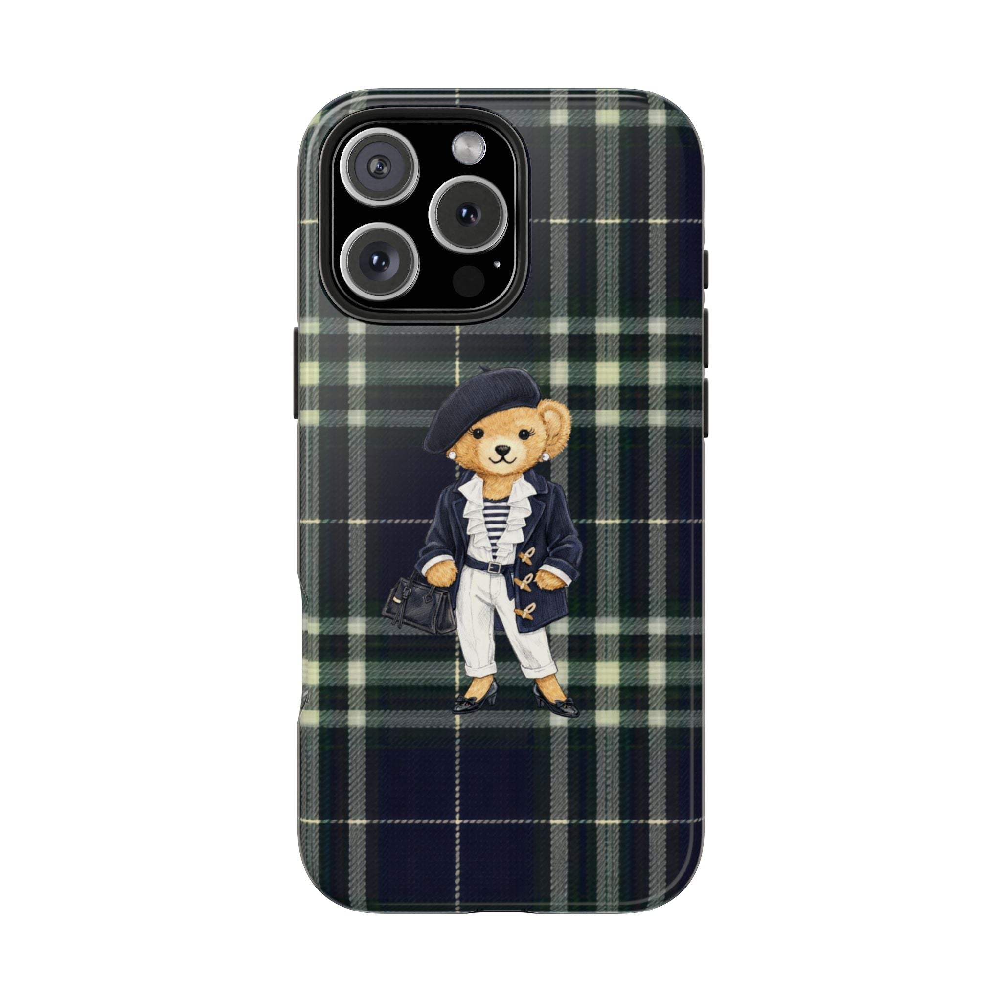 Navy plaid phone case with cute teddy bear in sailor outfit design