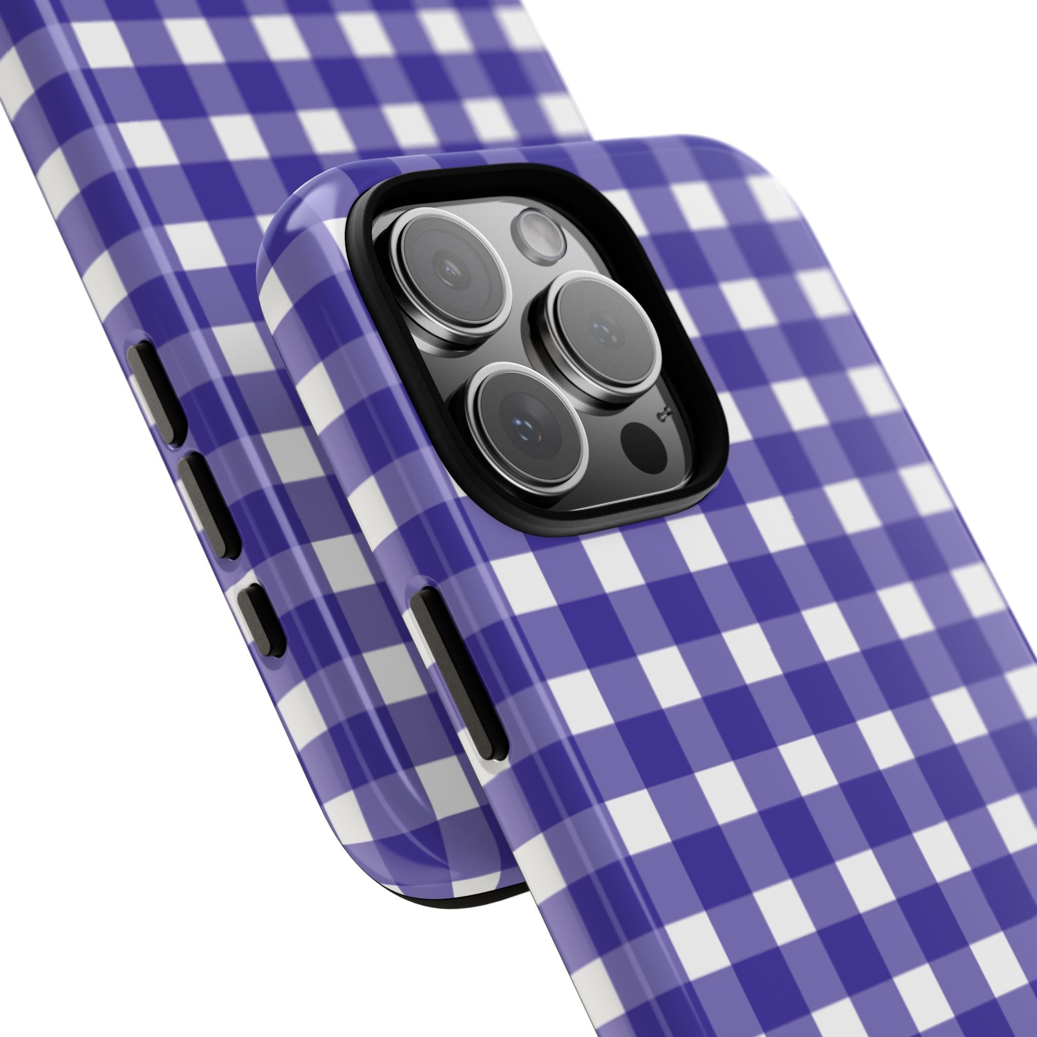Navy blue gingham phone case angled view showing side openings and lens area