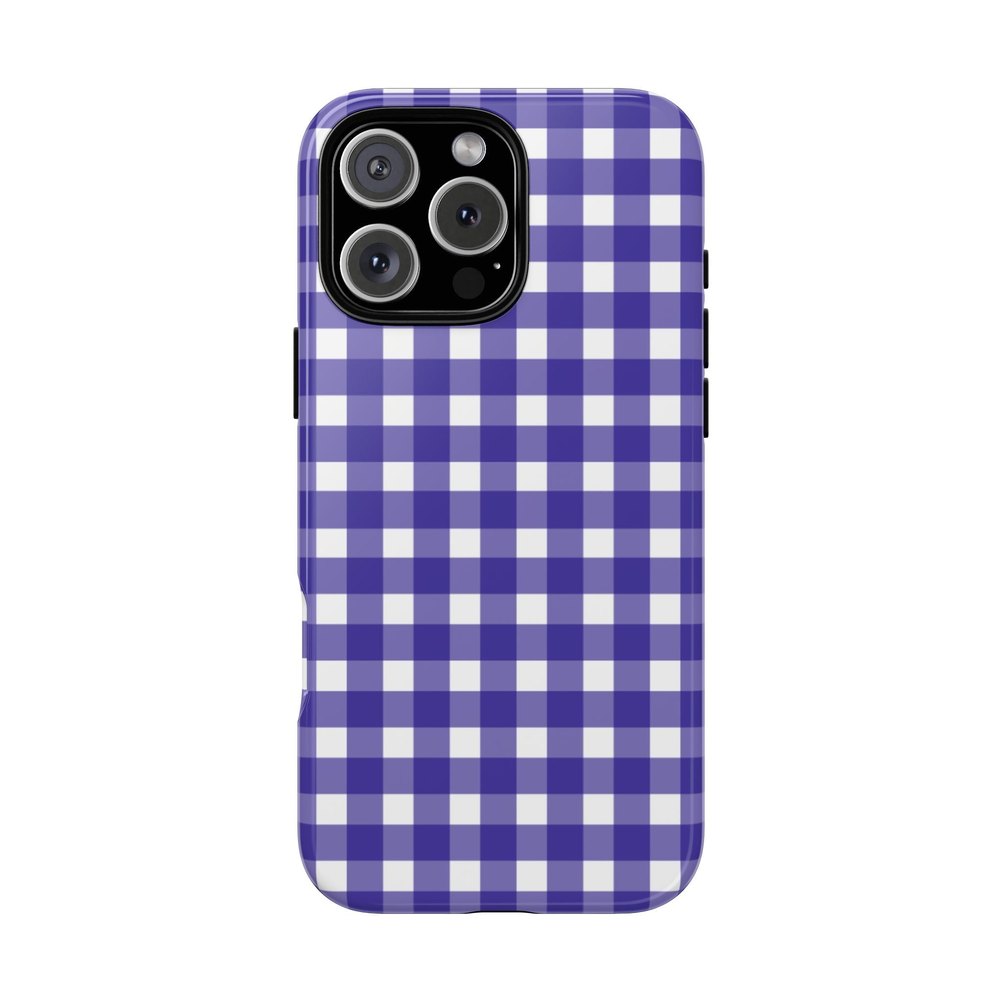 Navy blue gingham phone case with camera cutout on black back panel