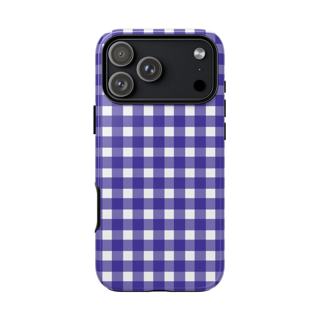 Navy blue gingham phone case back view with camera lenses and cutouts