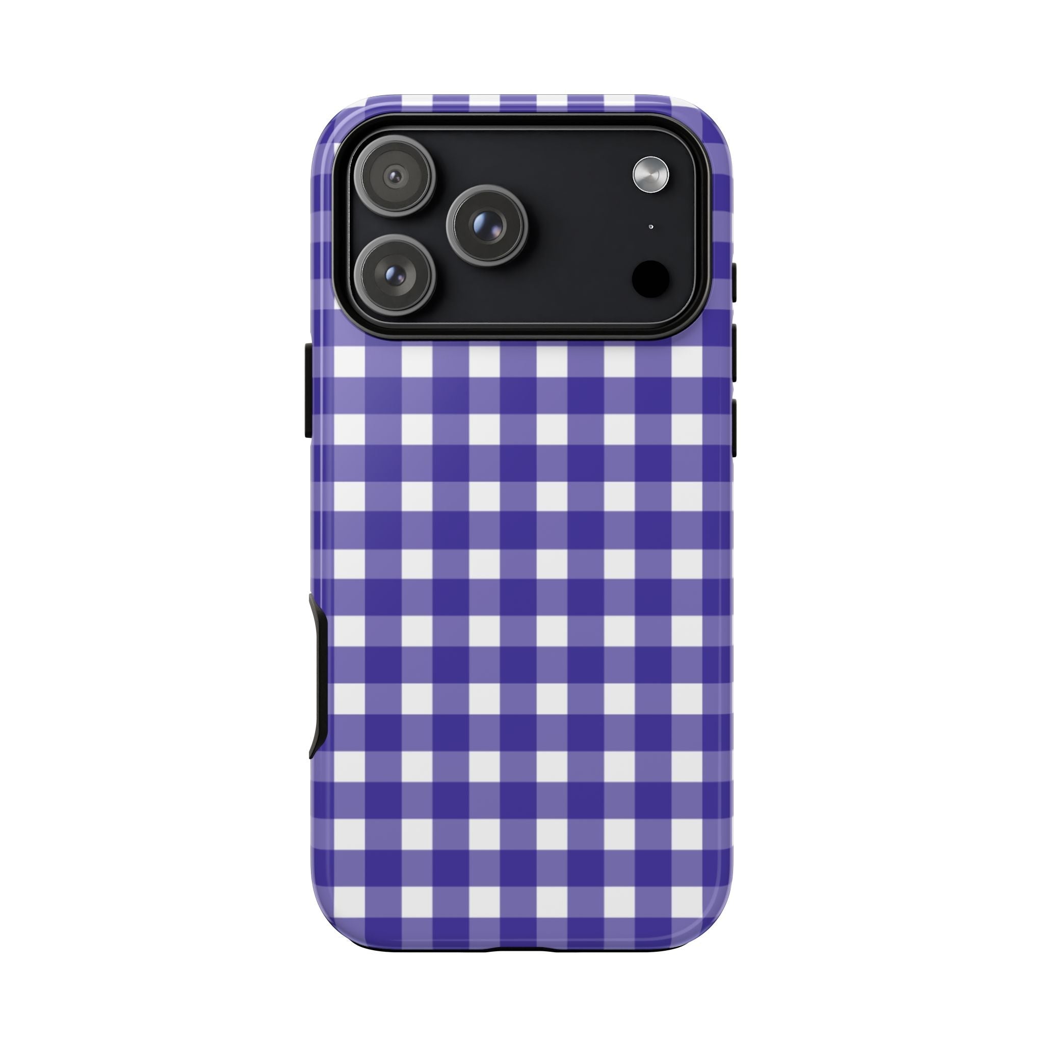 Navy blue gingham phone case back view with camera lenses and cutouts