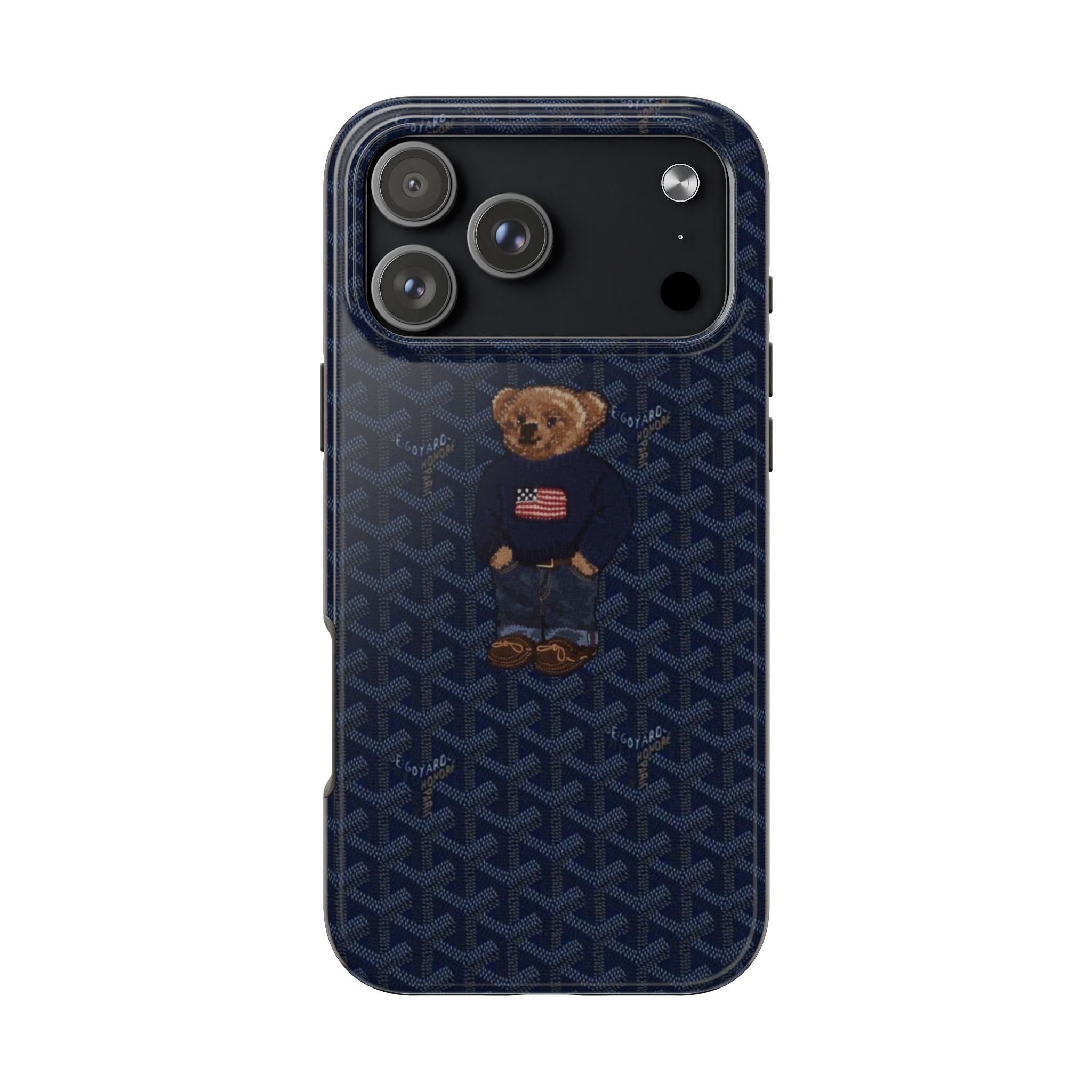 Navy patterned phone case with teddy bear patch and cutouts for triple camera