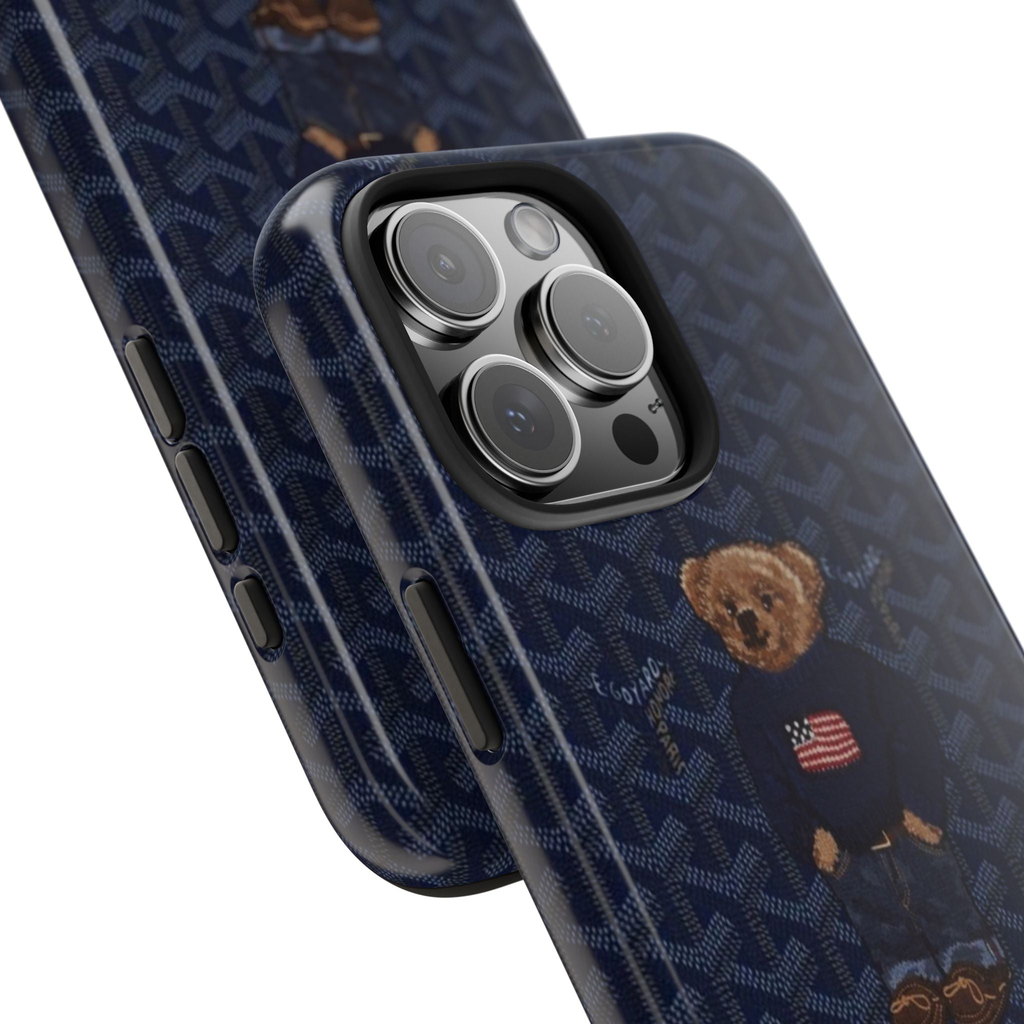 Navy teddy bear phone case, angled view with raised camera housing and side button cutouts