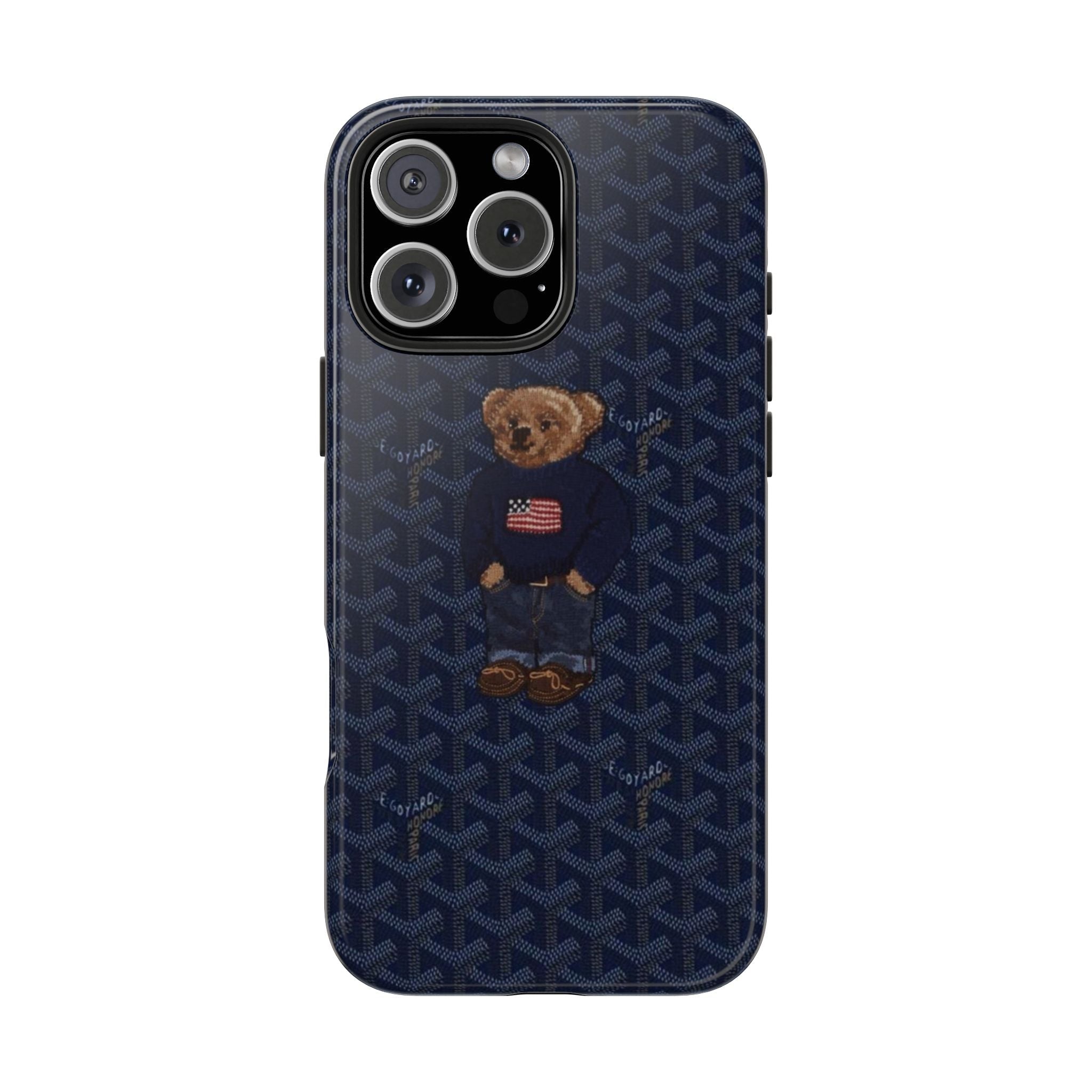 Navy Goyard-style phone case with teddy bear figure in blue shirt and camera cutout