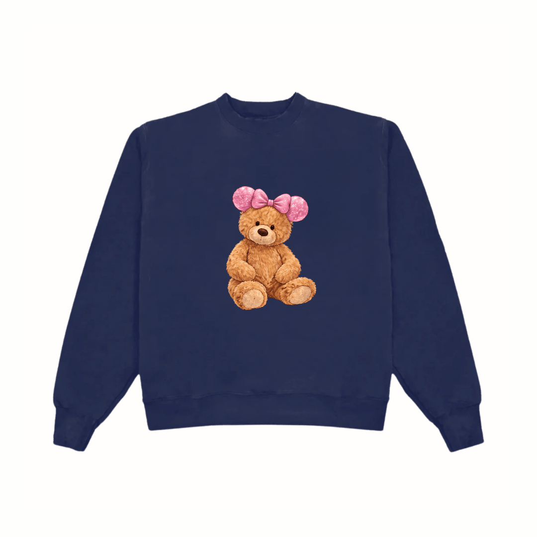 Navy mini teddy bear crewneck sweatshirt with pink bow graphic on front