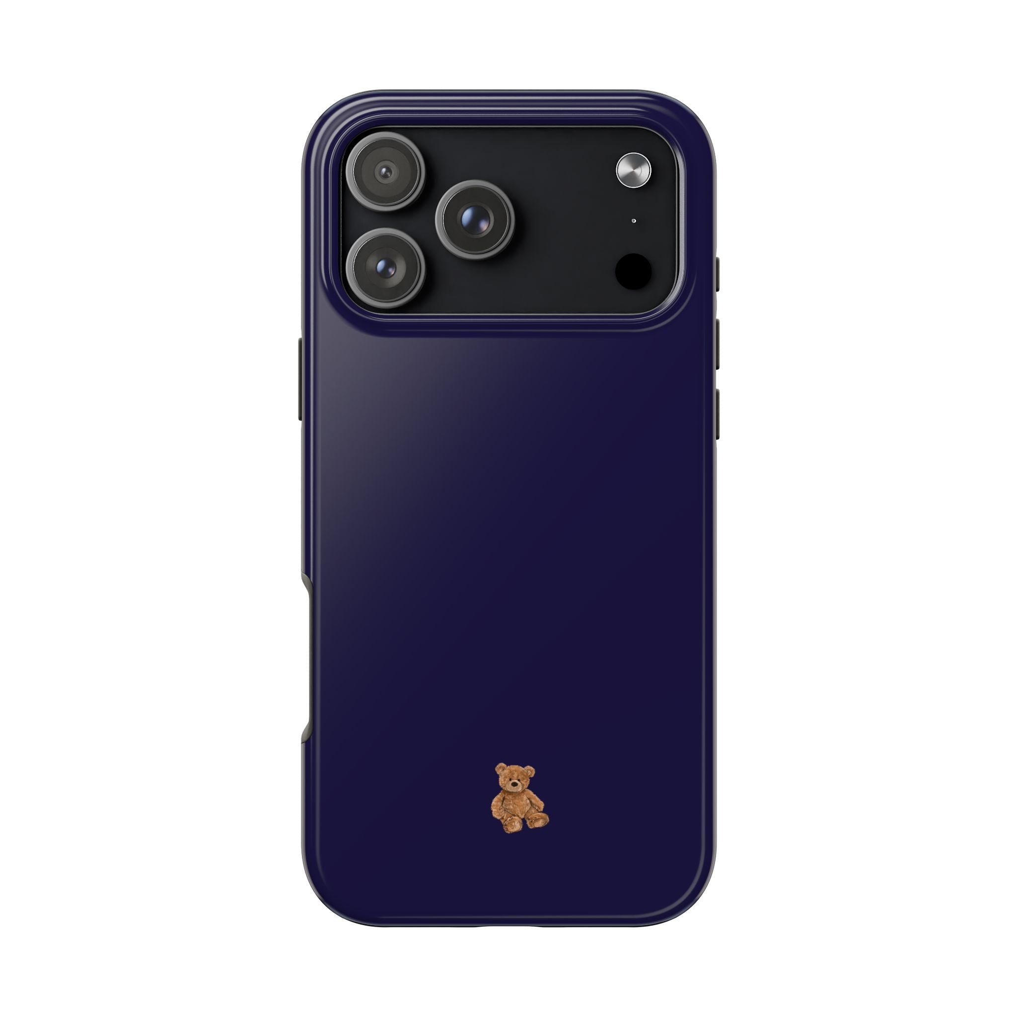 Navy phone case back with bear patch near bottom and dark camera frame, rear view