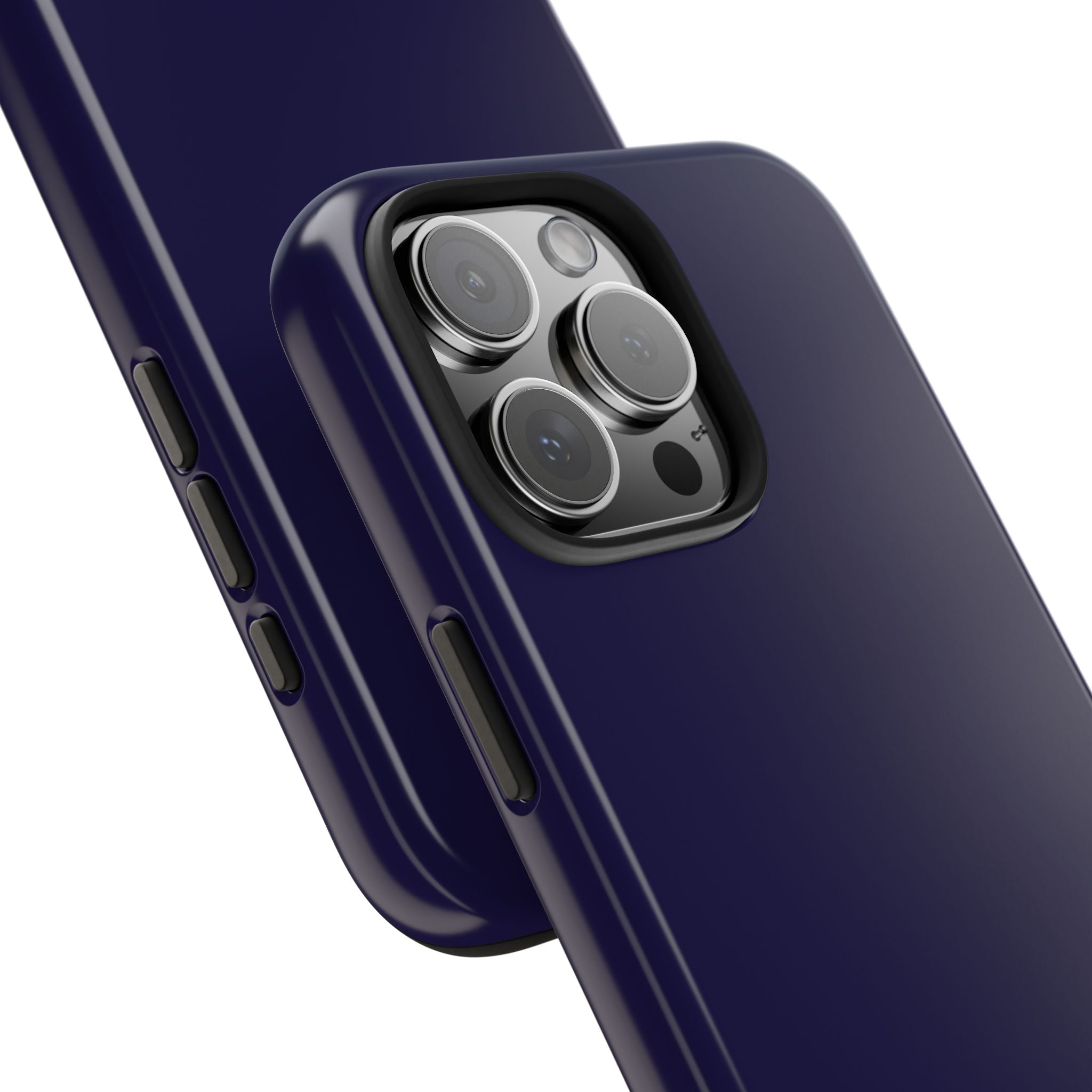 Navy phone case side and back edge view with camera cutout, button openings visible