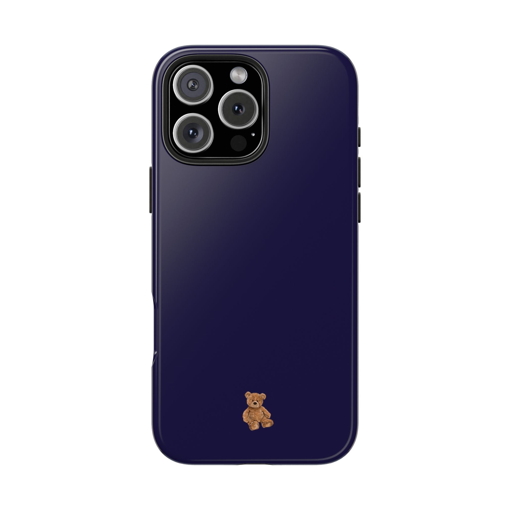 Navy mini teddy bear phone case with bear patch on back, camera cutouts visible