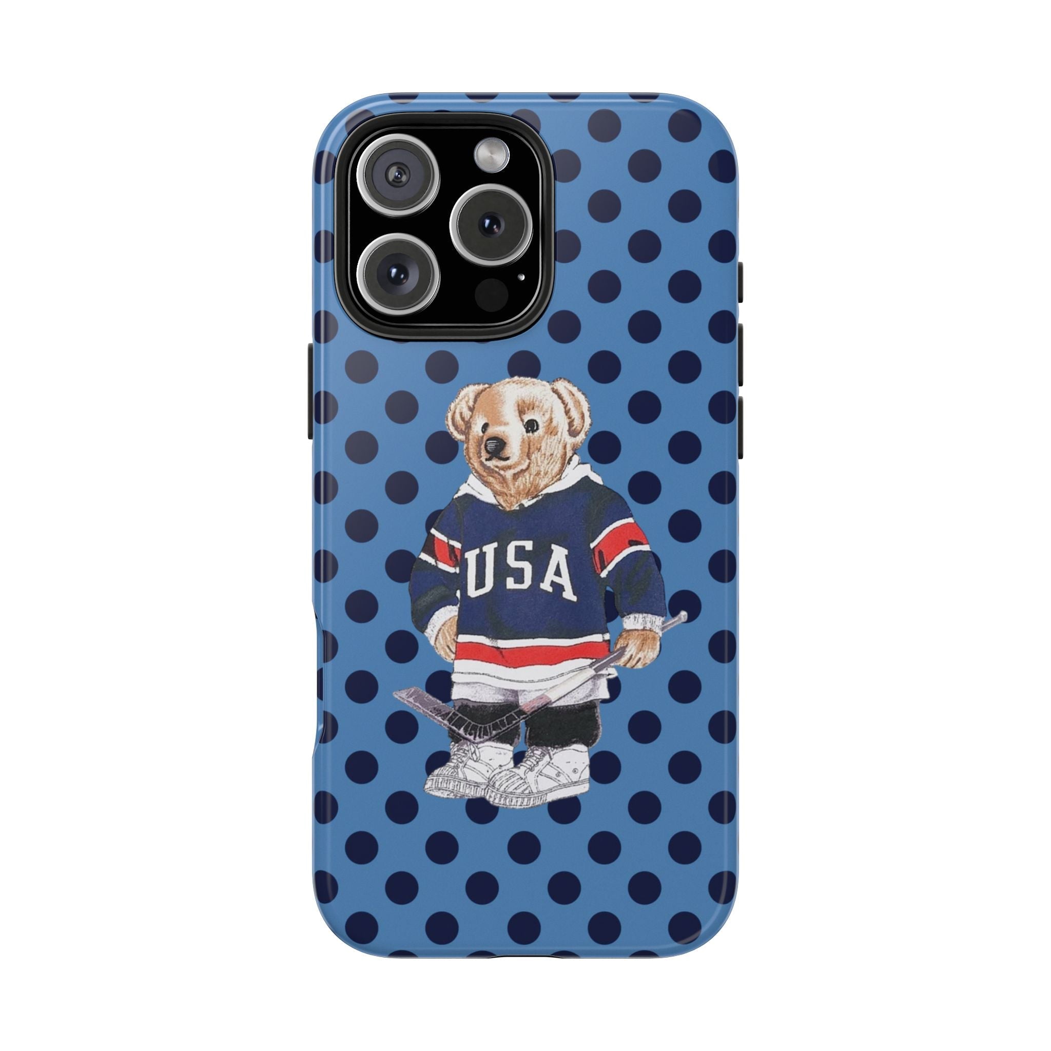Light blue polka dot phone case with teddy bear USA hockey jersey graphic