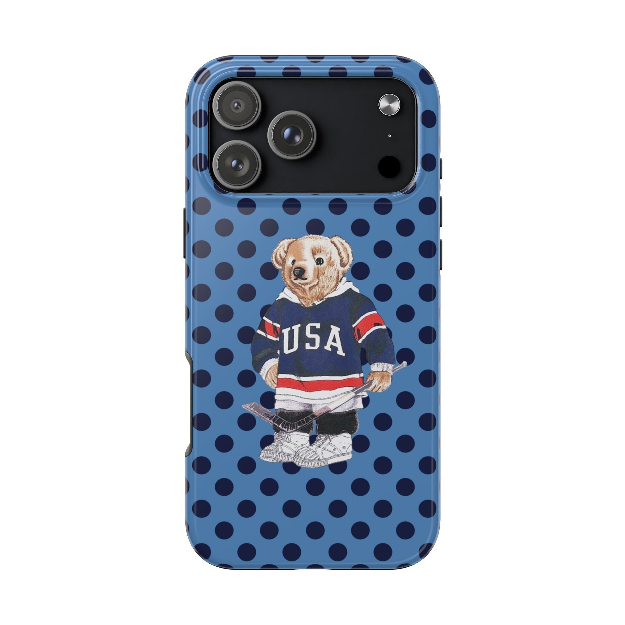 Blue polka dot phone case with teddy bear wearing USA hockey jersey