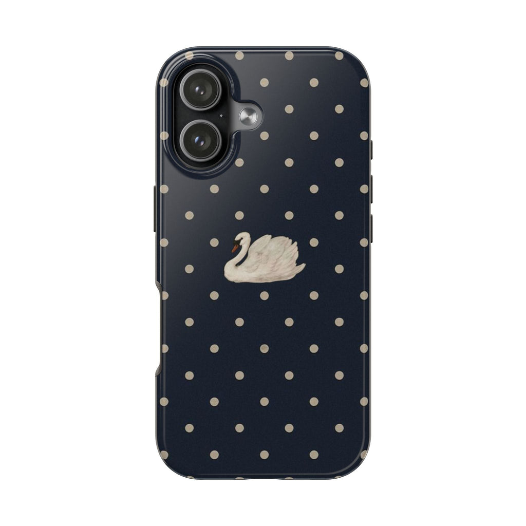 Navy blue polka dot phone case with centered swan graphic