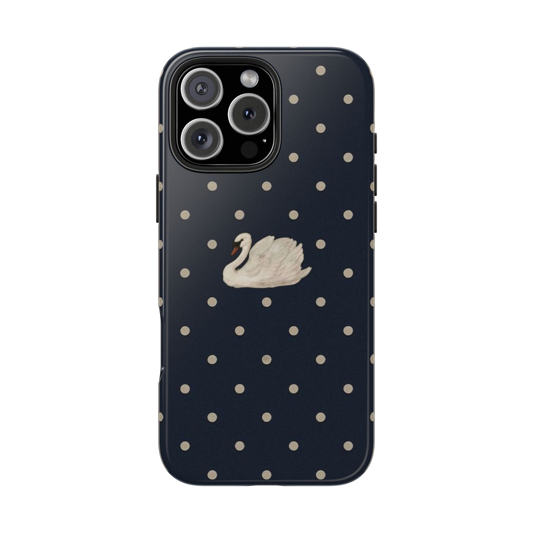 Navy blue phone case with cream polka dots and swan centerpiece
