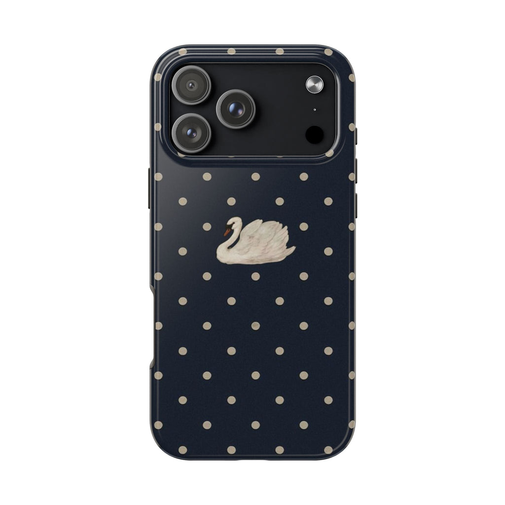 Navy blue polka dot phone case with cream swan design