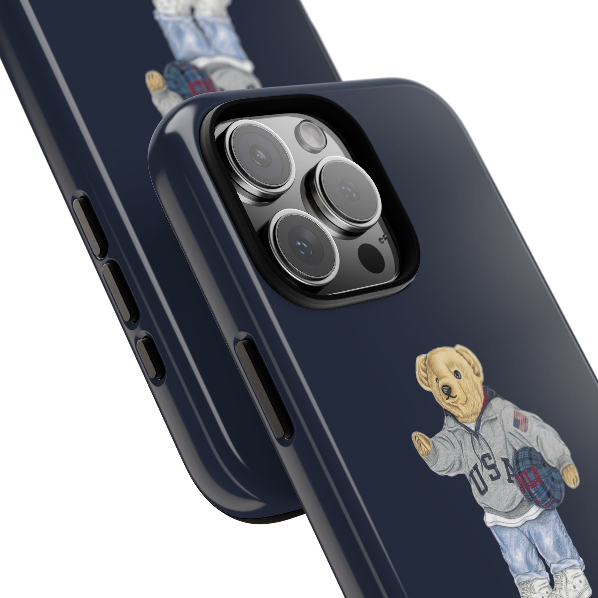 Navy blue phone case side view with teddy bear basketball graphic near bottom