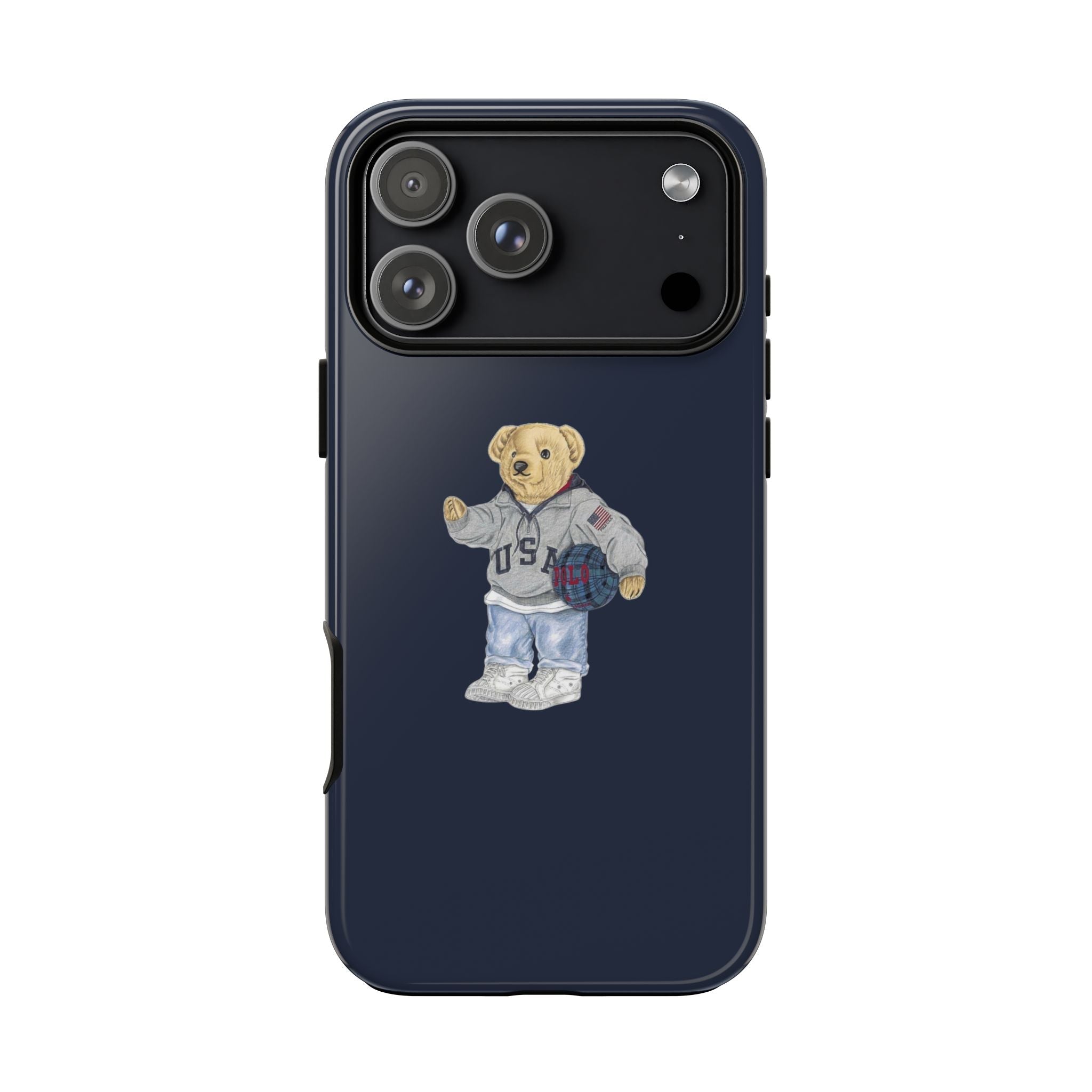 Navy blue phone case, teddy bear basketball graphic centered below camera cutouts