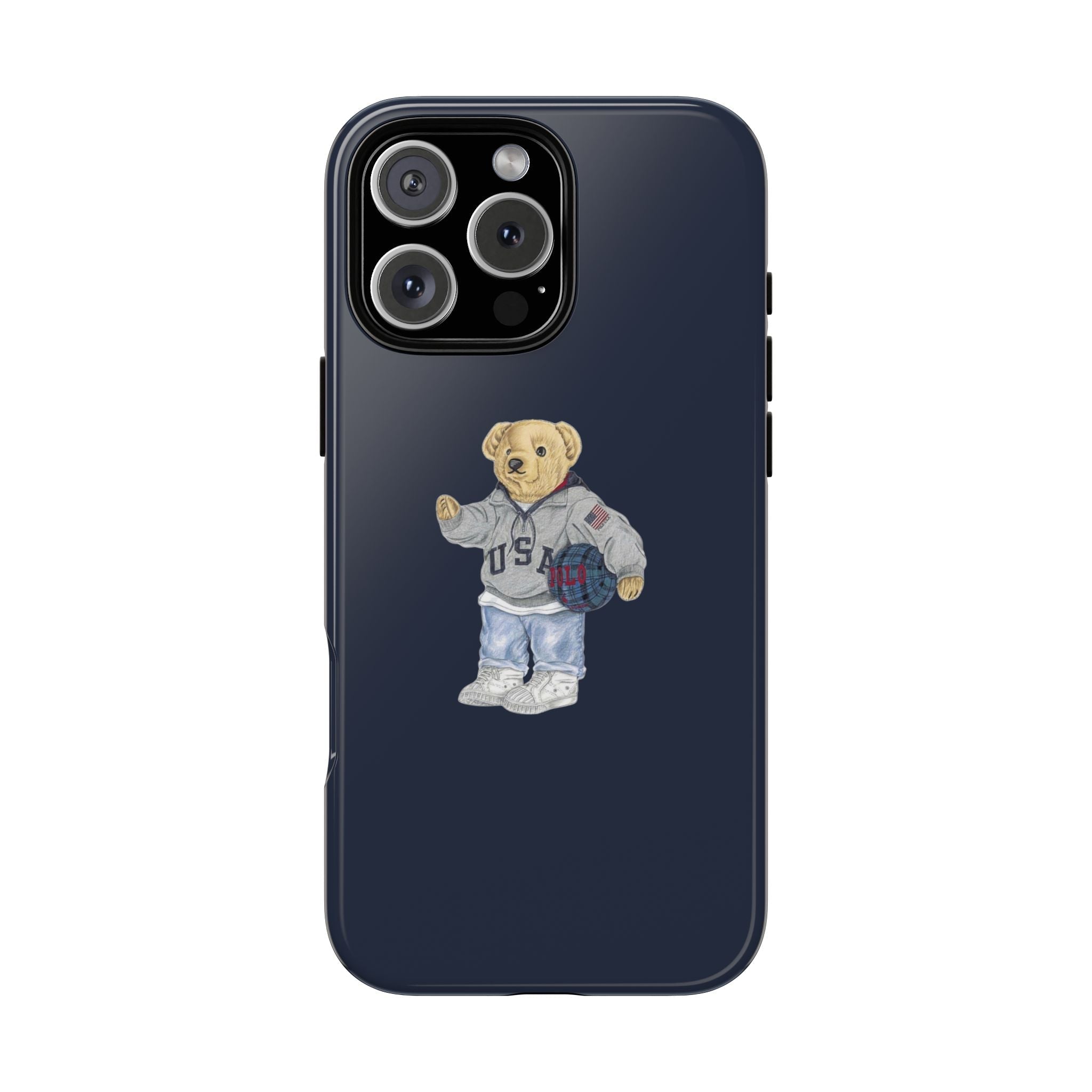 Navy blue phone case with teddy bear in USA basketball outfit on back