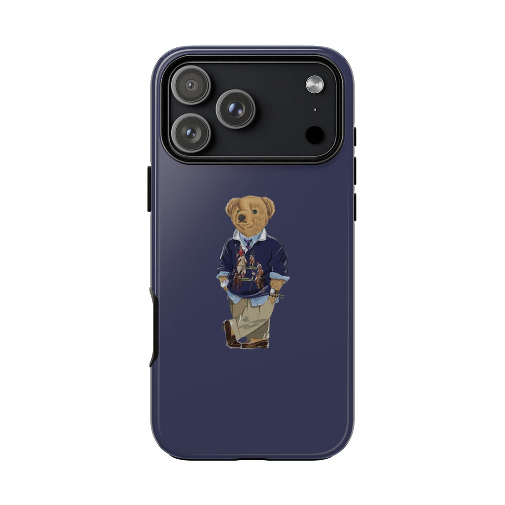 Navy phone case with teddy bear character graphic and camera cutout