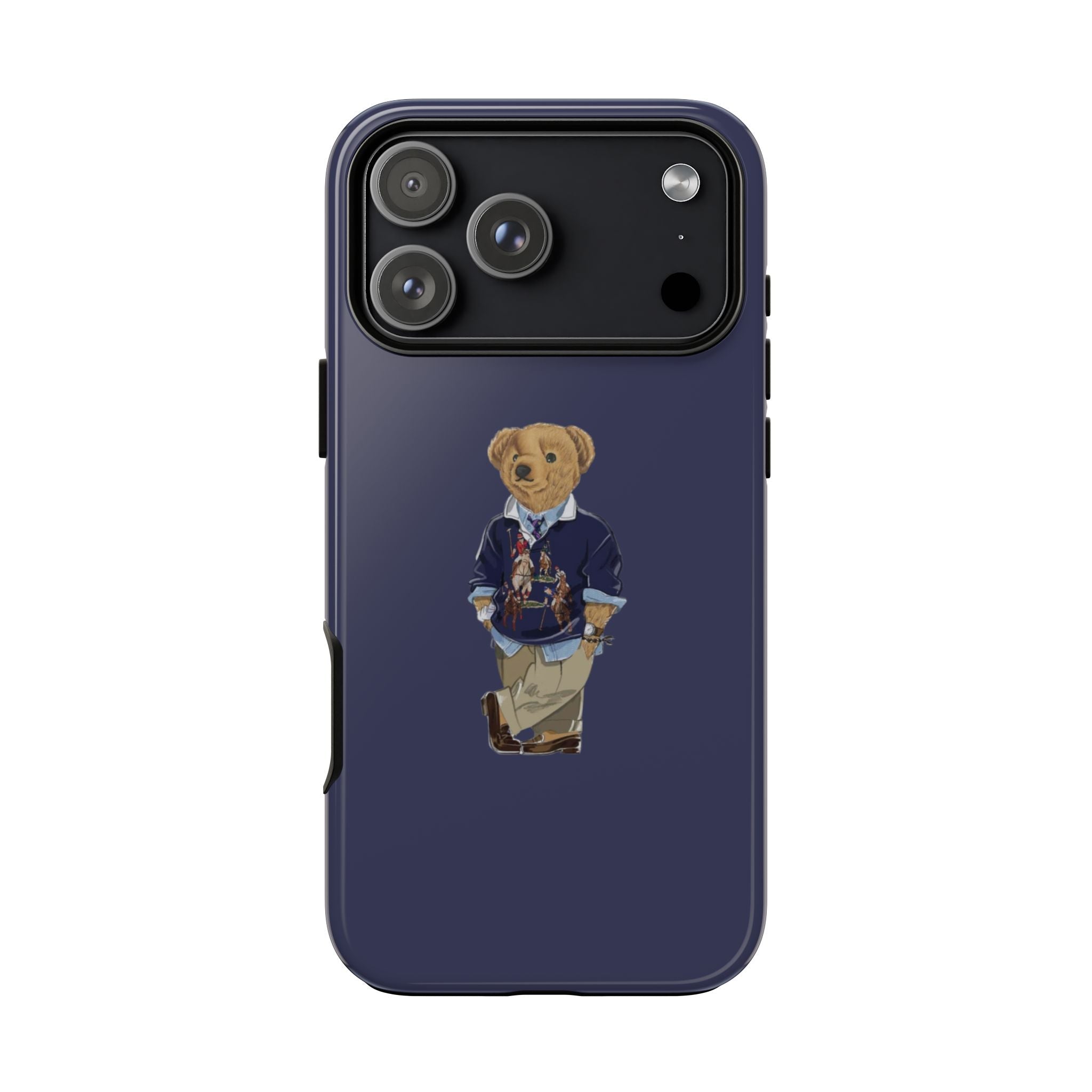 Navy phone case with teddy bear character graphic and camera cutout