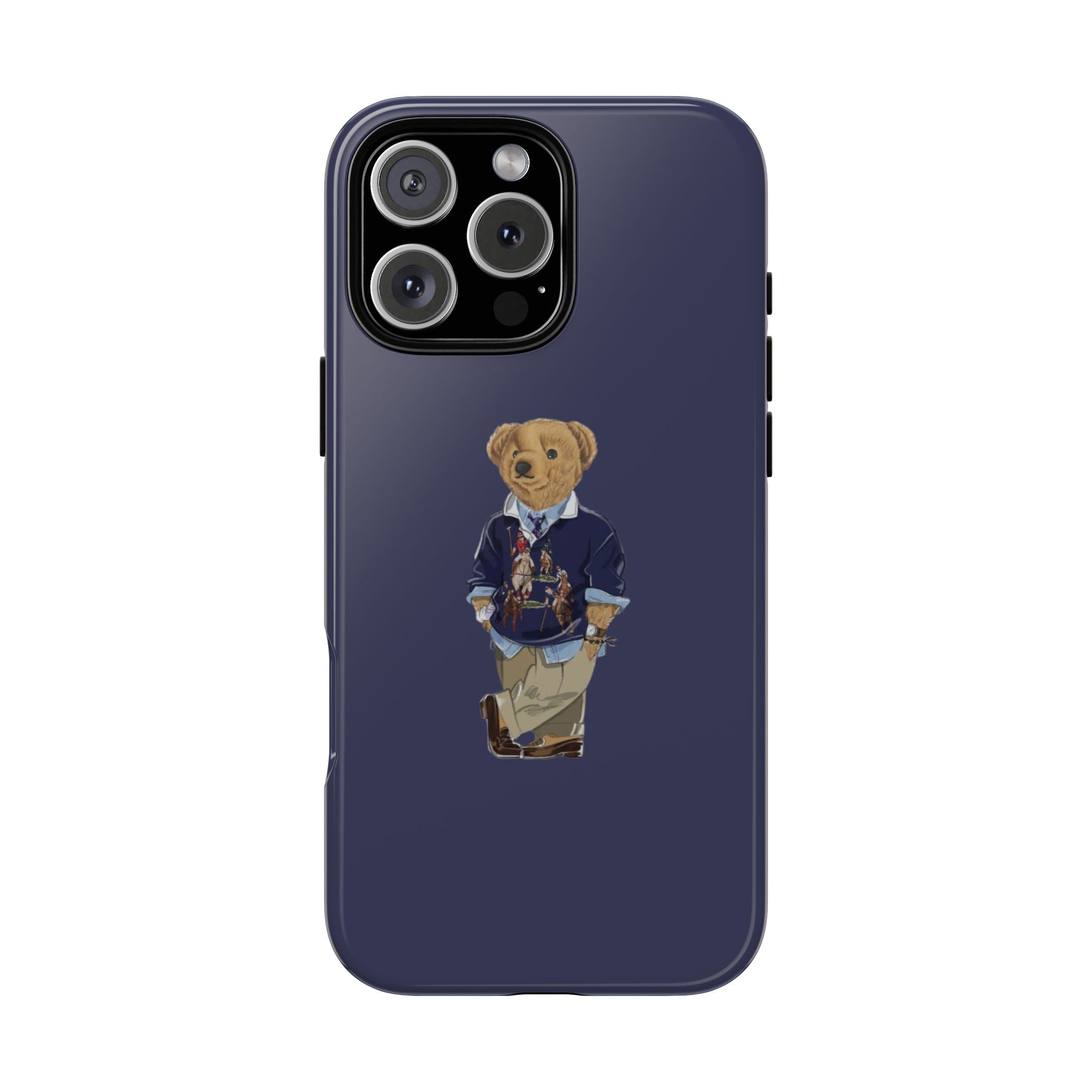 Navy phone case with teddy bear graphic and cutout camera openings