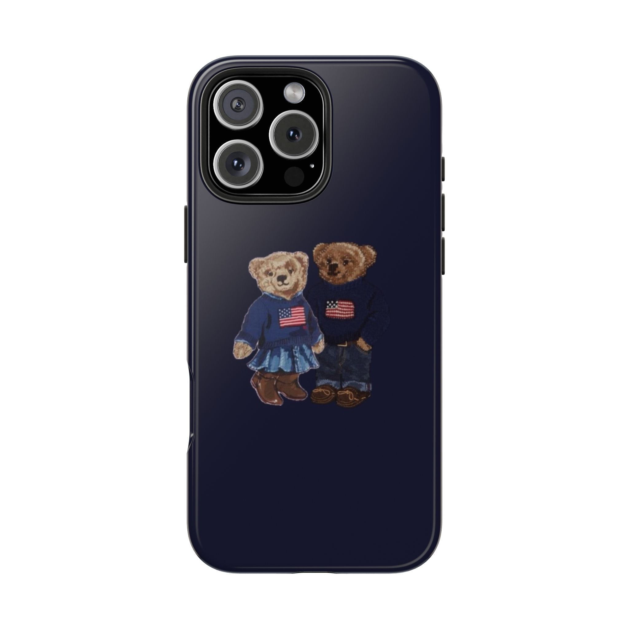 Navy phone case featuring a teddy bear couple in US flag outfits