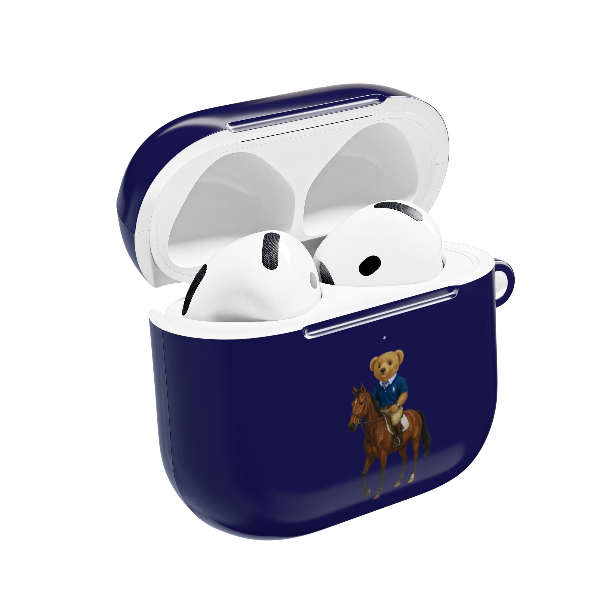 Navy blue cowboy teddy bear AirPods case with open lid and white earbuds inside