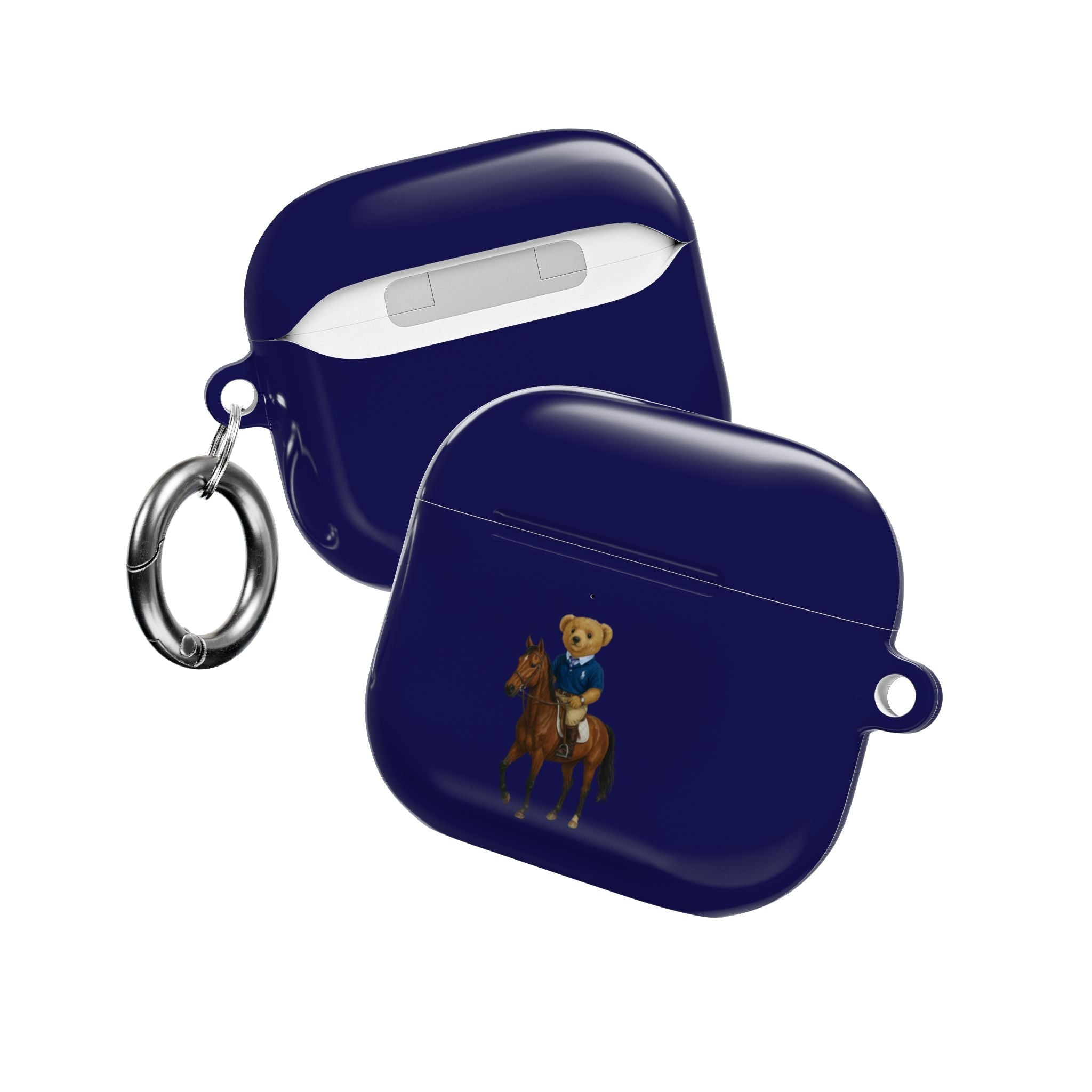 Navy blue AirPods case with teddy bear cowboy graphic, lanyard ring loops