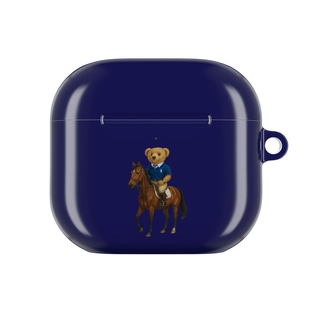 Navy blue AirPods case, closed, featuring teddy bear on horseback cowboy artwork